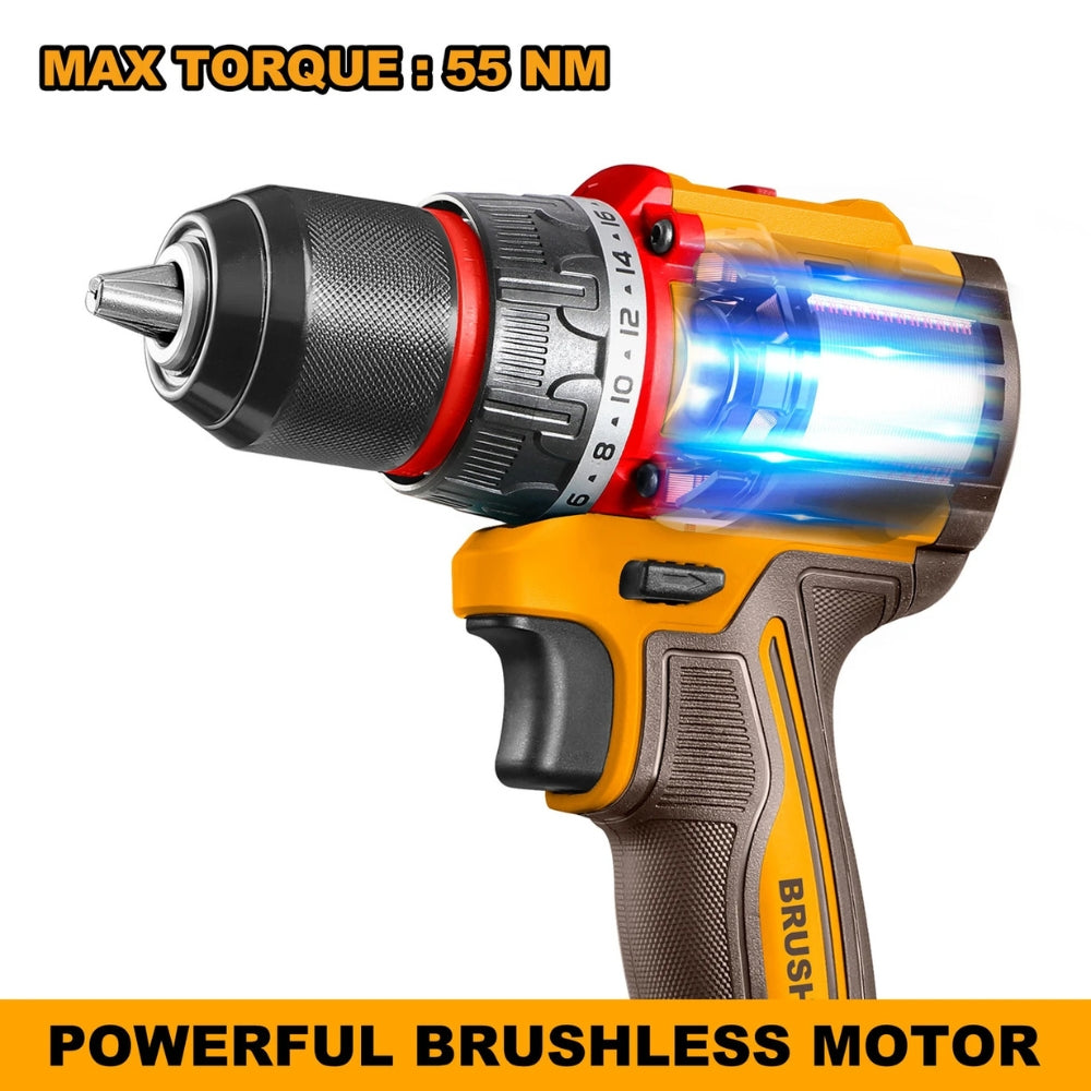 INGCO 20V Brushless Cordless Impact Drill – 55Nm Power Drill Machine with 47 Accessories - CDLI20558