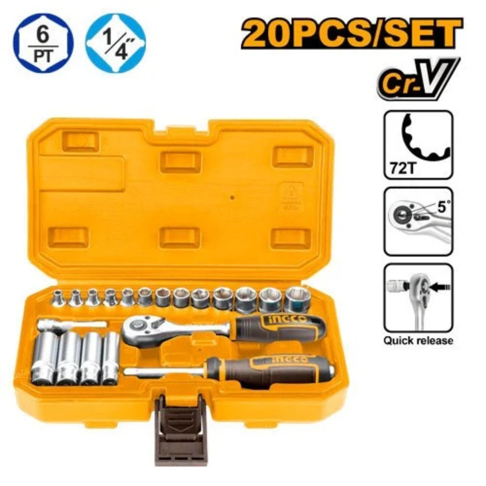 INGCO 20 Pcs 1/4 Inch Socket Set with 72T Ratchet Handle - HKTS14201