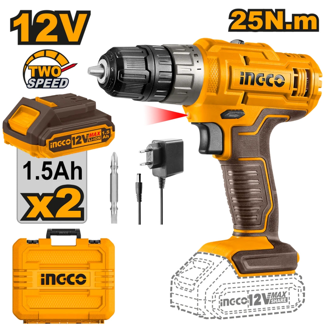 INGCO  12V Cordless Drill – 25Nm 2-Speed Lithium-Ion Drill Machine - CDLI1221