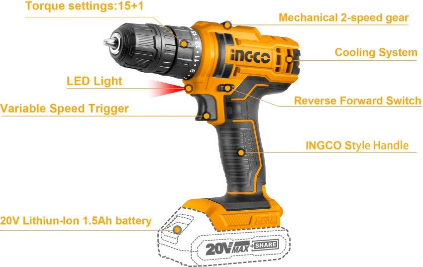 Ingco 20V 0.8-10mm Lithium-Ion Cordless Drill, CDLI200528