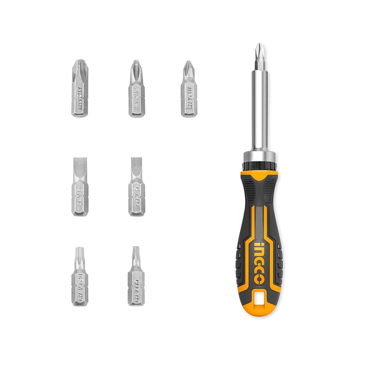 Homdum INGCO 8pc Ratchet Screwdriver Set AKISD0808 - Screwdriver Accessories with Anti-Slip Handle - Chrome Vanadium Steel bits - Multiple bit Sizes - 8 Pieces bits