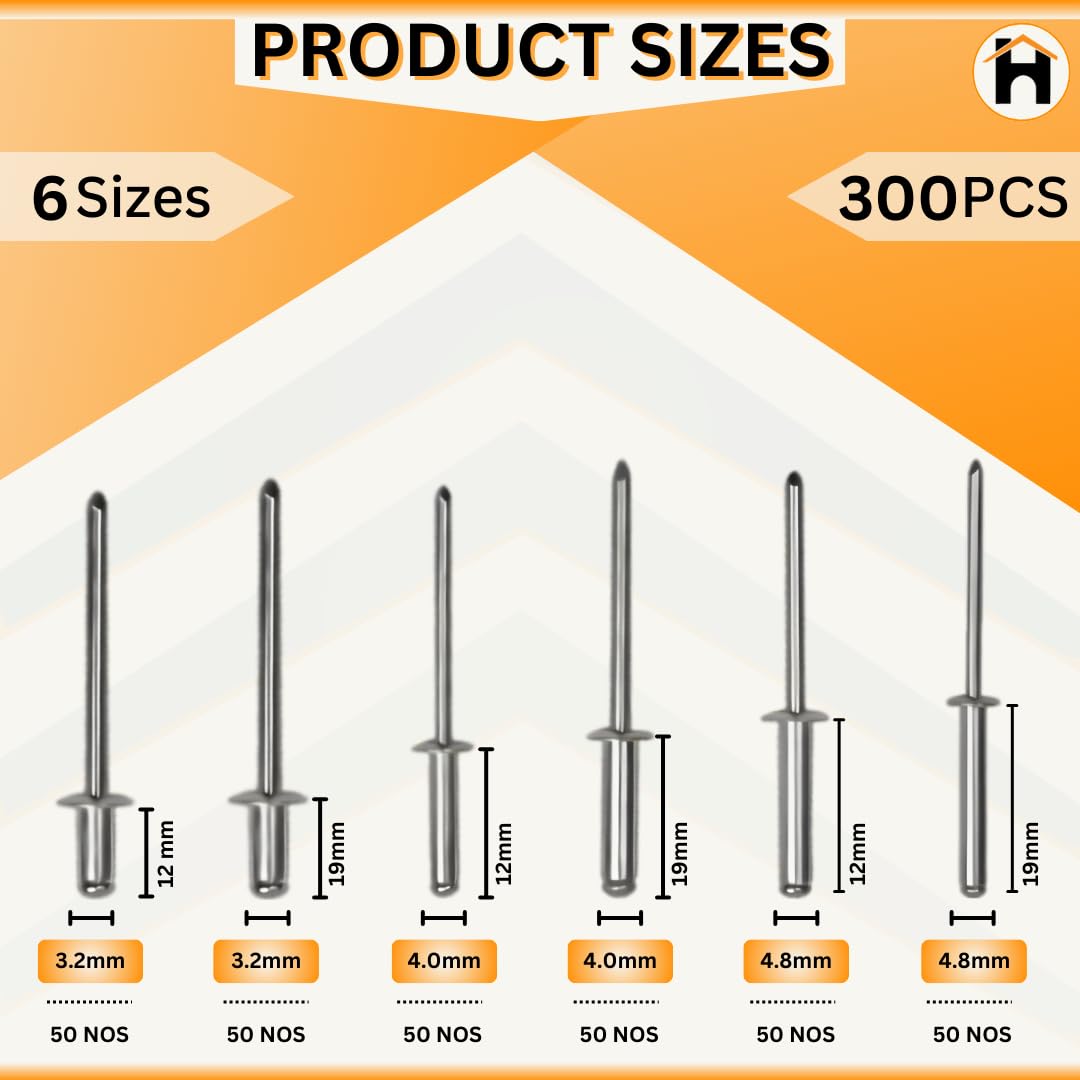 HOMDUM ALUMINIUM BLIND RIVET ASSORTED 6 SIZES PACK OF 300 PIECES.