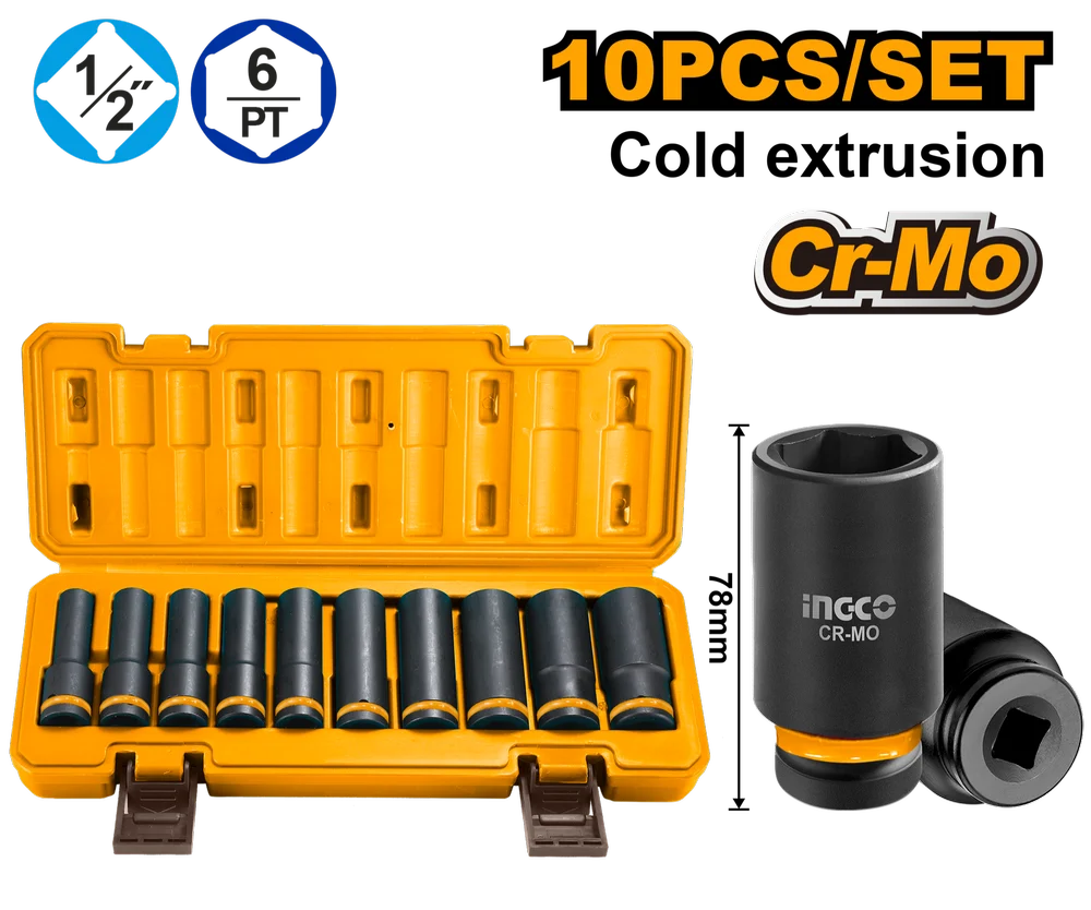 INGCO HKISSD12102L 10 Pcs 1/2" Deep Impact Socket Set