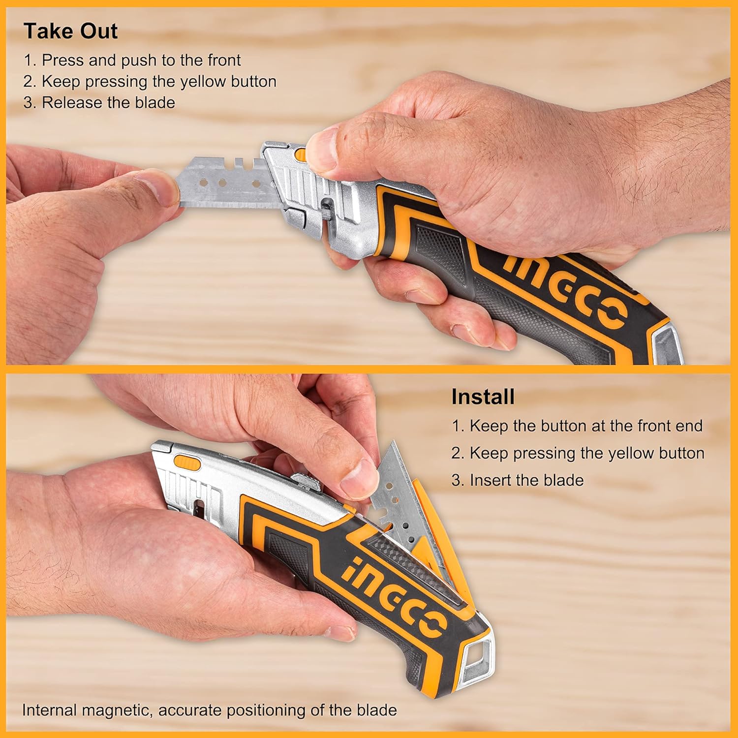 INGCO Box Cutter, Utility Knife, INGCO Pocket Knife retractable with 5 blades, Lock-Back Design, and Lightweight Aluminum Design HUK6118