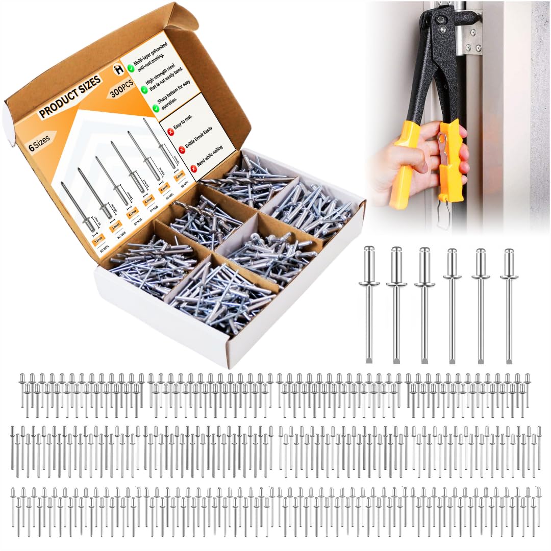 HOMDUM ALUMINIUM BLIND RIVET ASSORTED 6 SIZES PACK OF 300 PIECES.