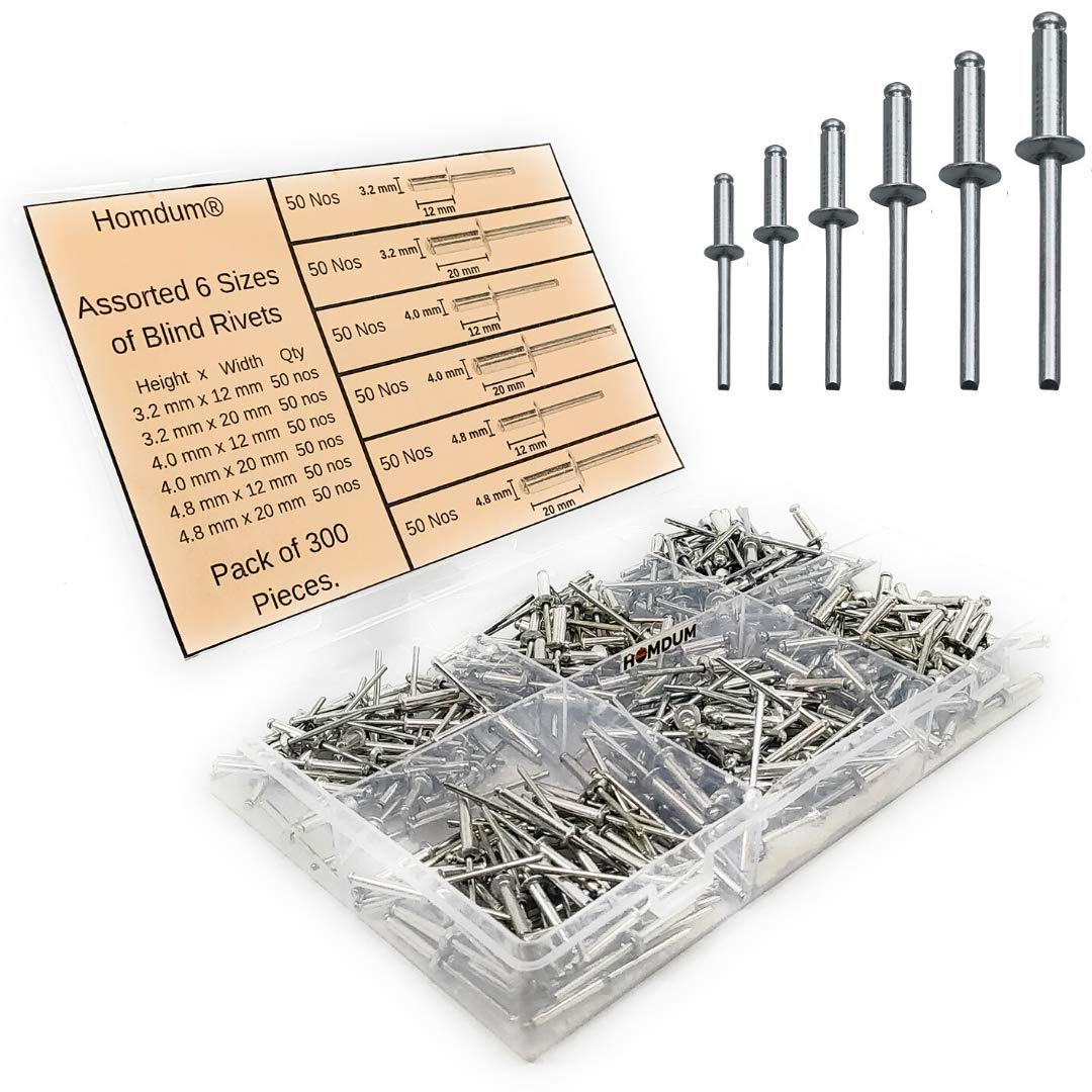HOMDUM ALUMINIUM BLIND RIVET ASSORTED 6 SIZES PACK OF 300 PIECES.