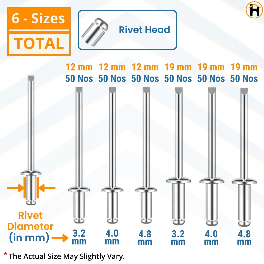 HOMDUM ALUMINIUM BLIND RIVET ASSORTED 6 SIZES PACK OF 300 PIECES.