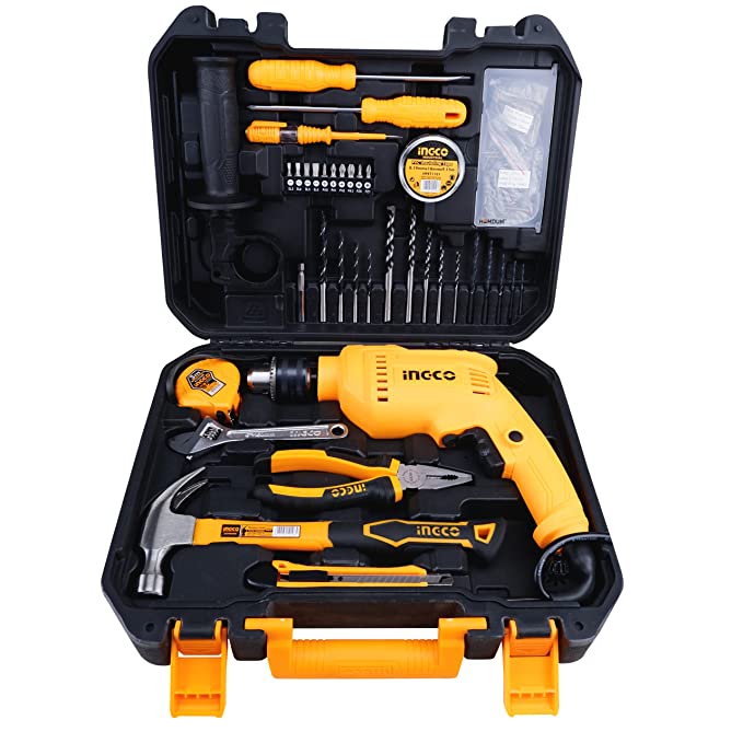 Homdum 13mm 680W RE impact drill machine tool kit set INGCO 115Pc Professional Hammer Drill and Smart Hand Tools Kit for Home With Speed Control and Reverse forward function.