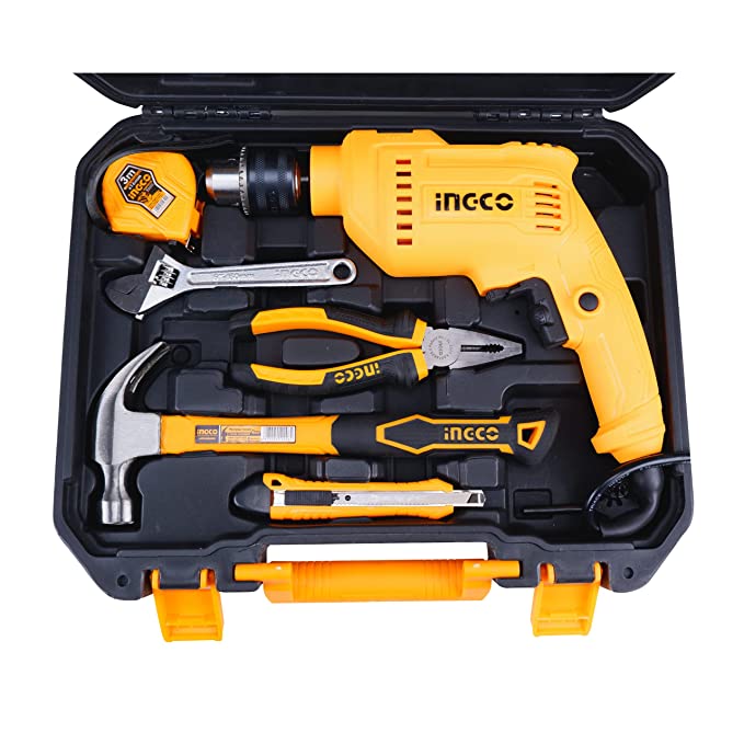 Homdum 13mm 680W RE impact drill machine tool kit set INGCO 115Pc Professional Hammer Drill and Smart Hand Tools Kit for Home With Speed Control and Reverse forward function.