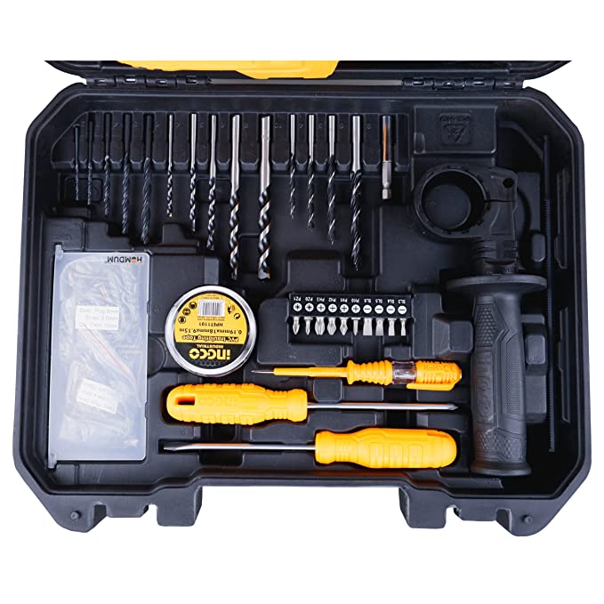 Homdum 13mm 680W RE impact drill machine tool kit set INGCO 115Pc Professional Hammer Drill and Smart Hand Tools Kit for Home With Speed Control and Reverse forward function.