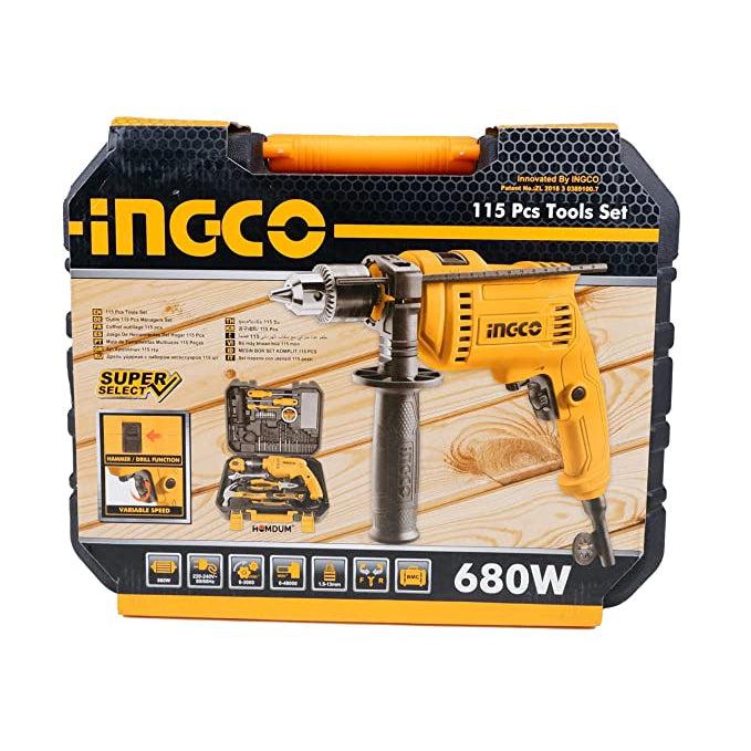 Homdum 13mm 680W RE impact drill machine tool kit set INGCO 115Pc Professional Hammer Drill and Smart Hand Tools Kit for Home With Speed Control and Reverse forward function.