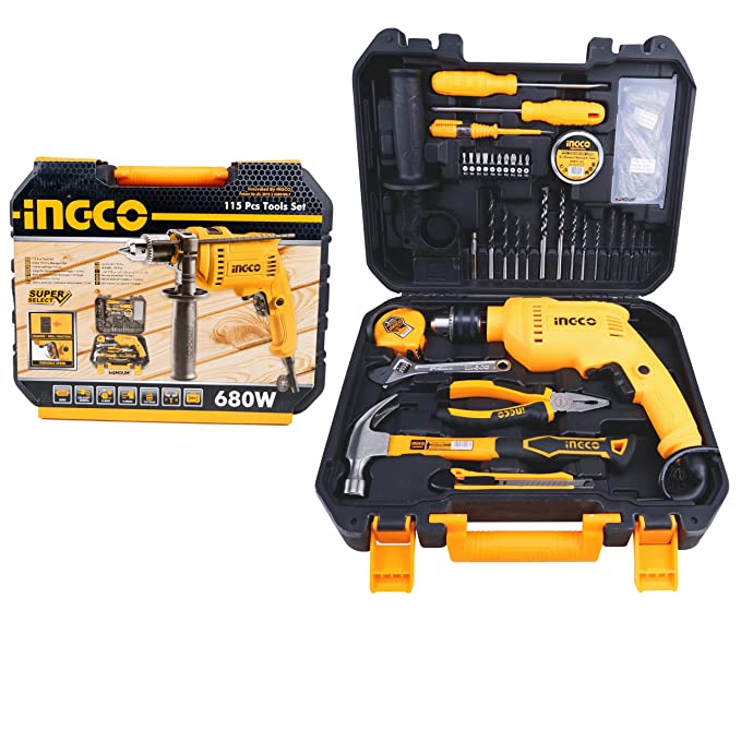Homdum 13mm 680W RE impact drill machine tool kit set INGCO 115Pc Professional Hammer Drill and Smart Hand Tools Kit for Home With Speed Control and Reverse forward function.