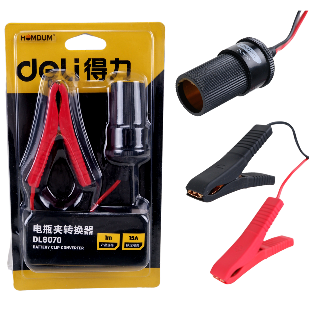 Homdum Bttery Clip Converter Deli Car Cigarette Lighter Socket to Battery Connection Alligator Crocodile Clips Connector Car Battery Clamp-on Extension Charge Cable 12V 24V