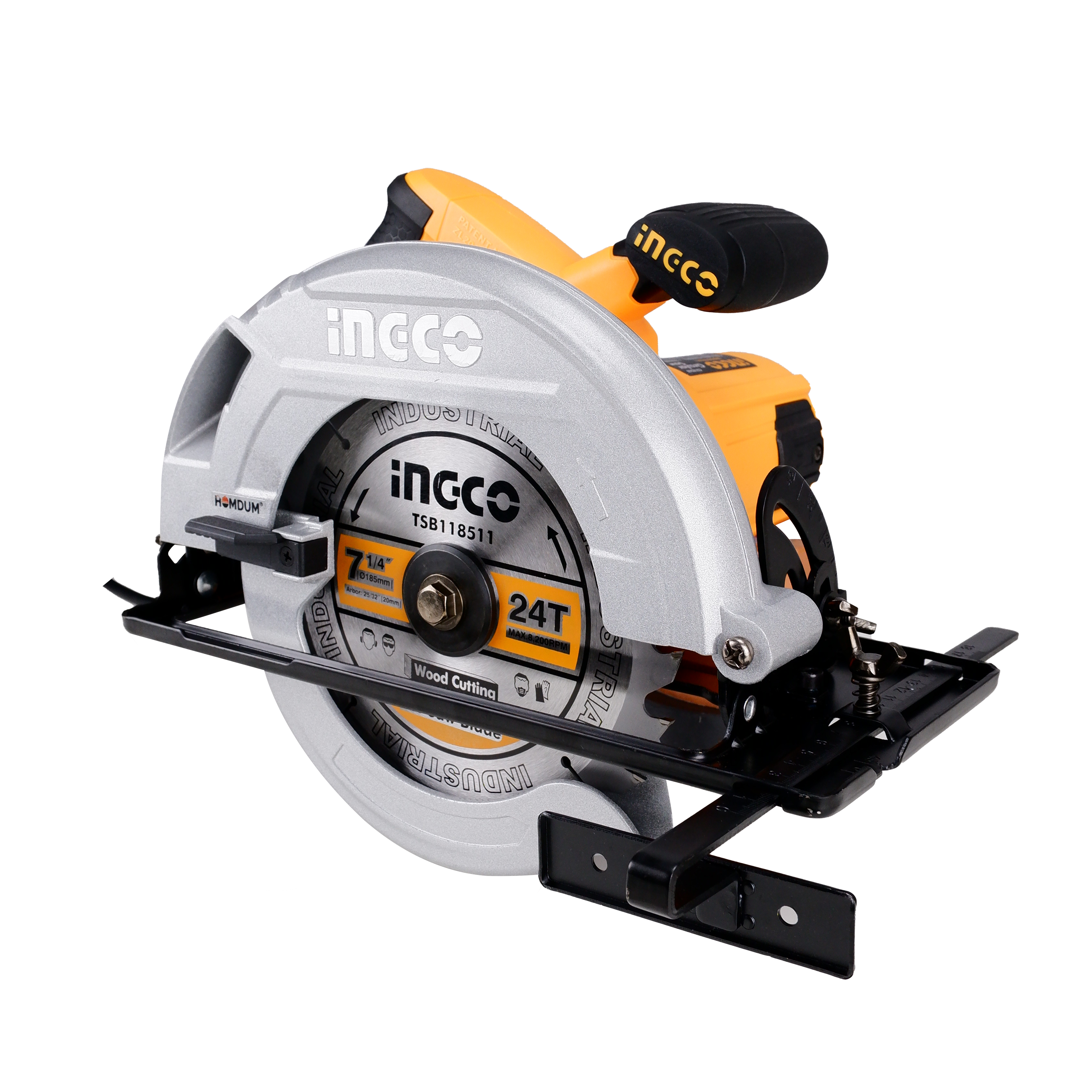 Homdum powerful 1600W circular saw machine for wood cutting INGCO with 185mm 24t tct blade With Single Action Lever For Quick adjustable cutting depth 0 to 65mm and 0°to 45° cutting angle