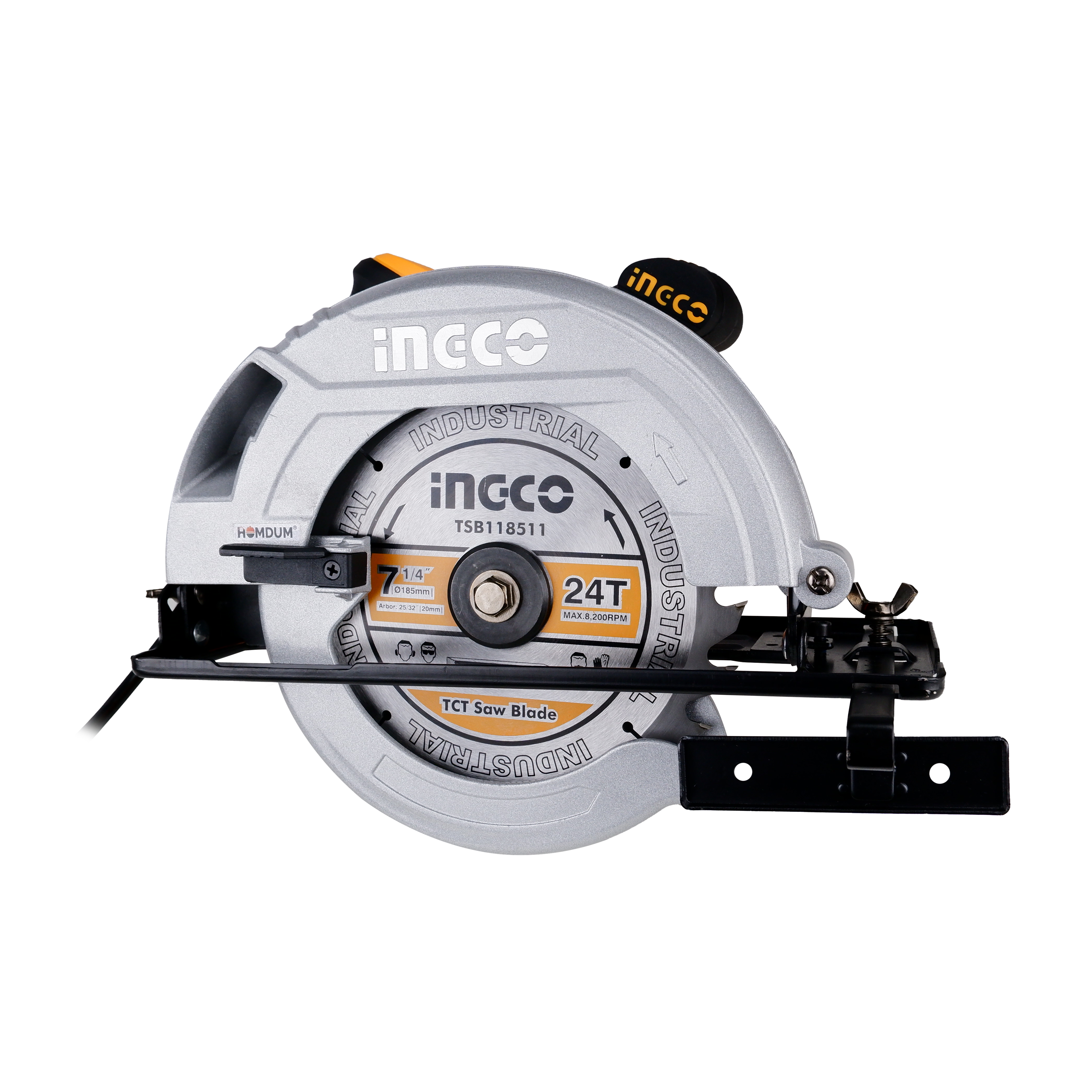 Homdum powerful 1600W circular saw machine for wood cutting INGCO with 185mm 24t tct blade With Single Action Lever For Quick adjustable cutting depth 0 to 65mm and 0°to 45° cutting angle