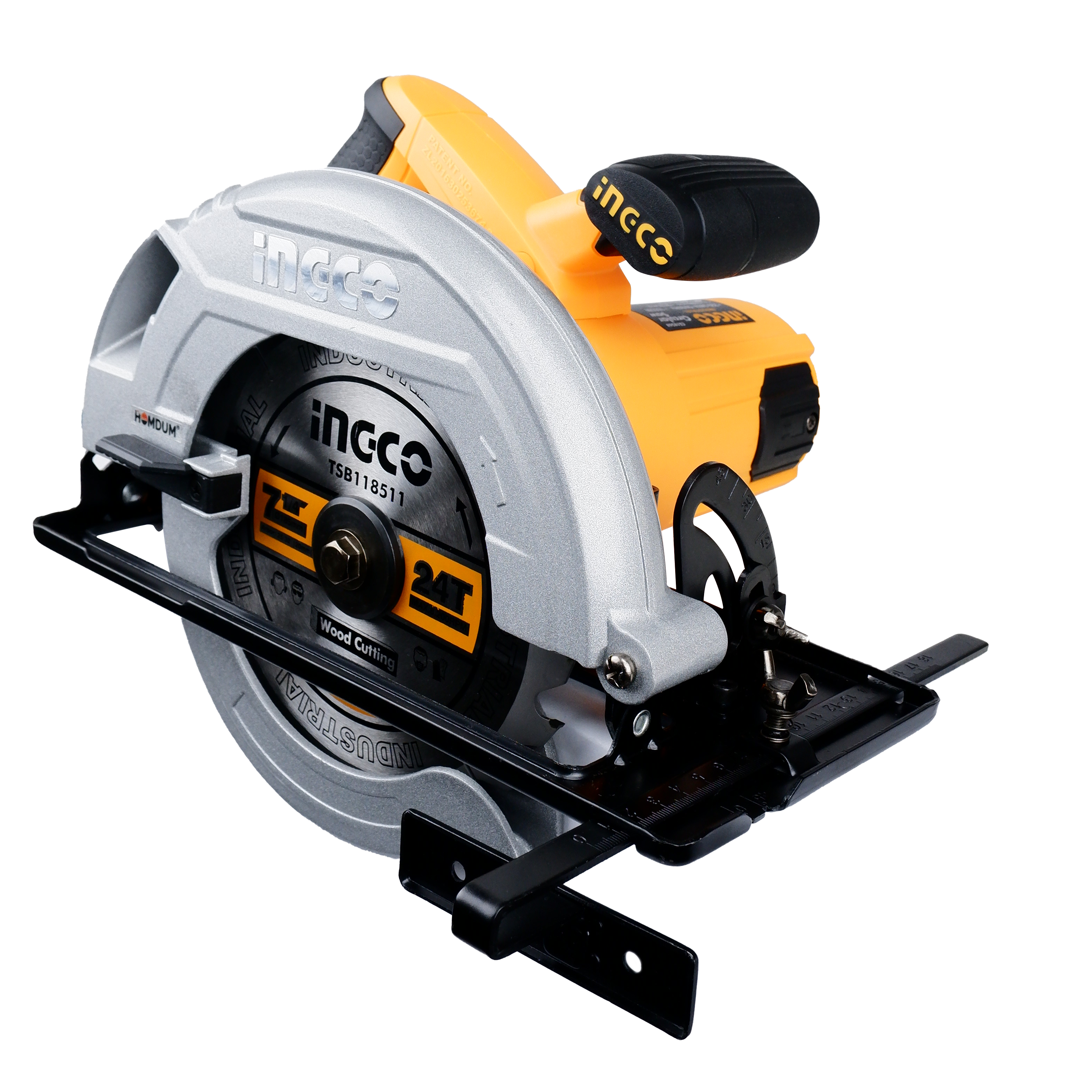 Homdum powerful 1600W circular saw machine for wood cutting INGCO with 185mm 24t tct blade With Single Action Lever For Quick adjustable cutting depth 0 to 65mm and 0°to 45° cutting angle