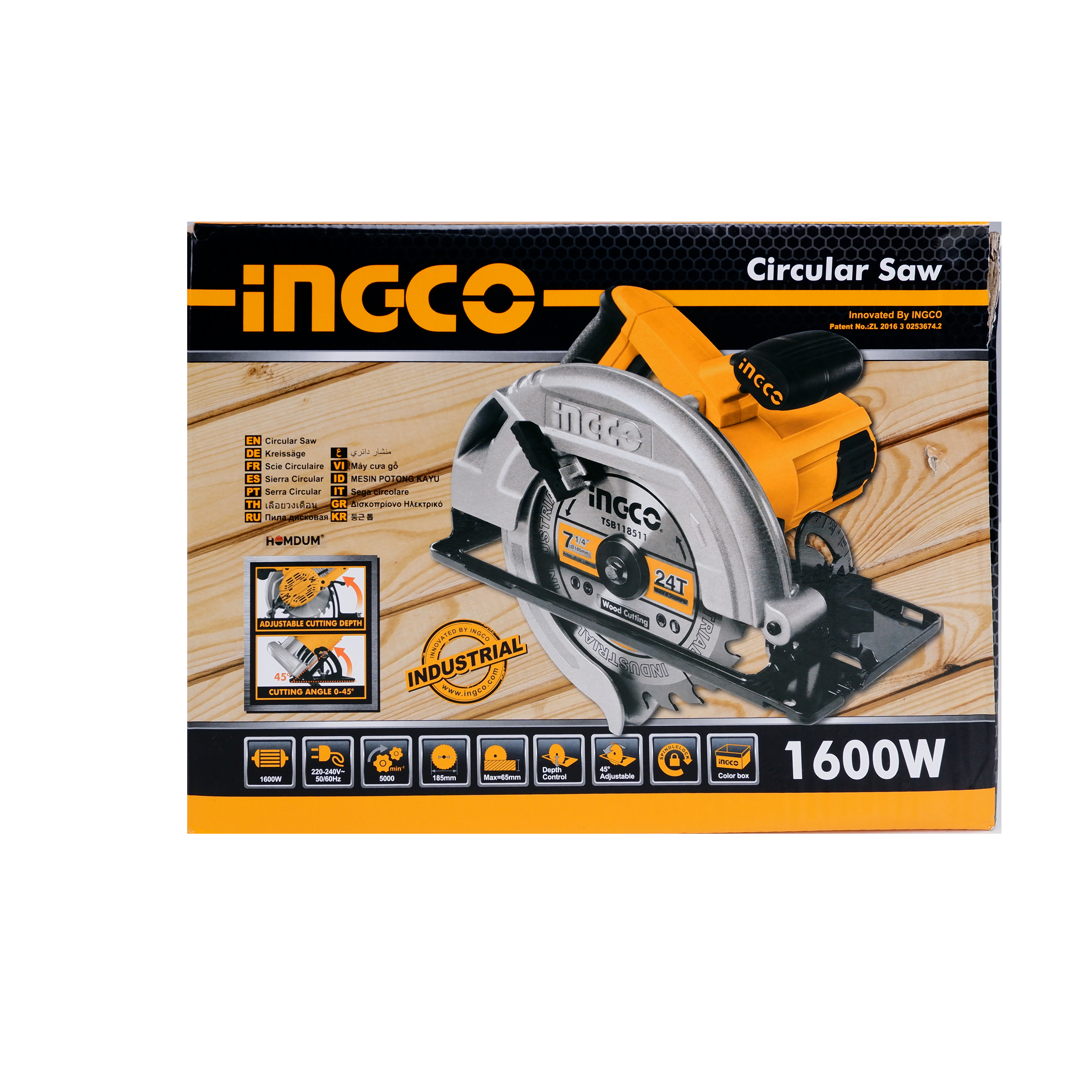 Homdum powerful 1600W circular saw machine for wood cutting INGCO with 185mm 24t tct blade With Single Action Lever For Quick adjustable cutting depth 0 to 65mm and 0°to 45° cutting angle