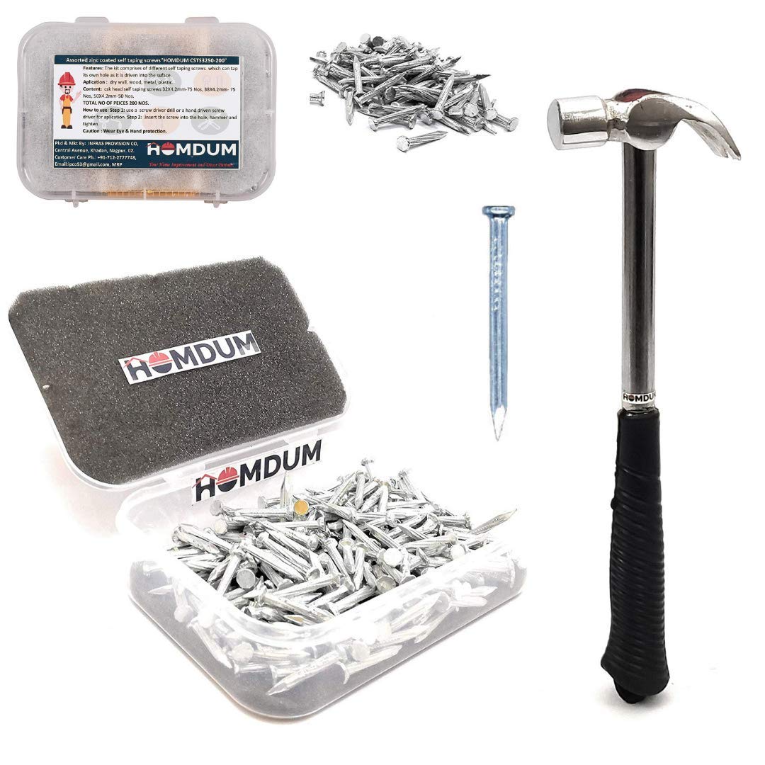 Homdum Claw Hammer 1/2 Lb and Concrete Nails 2 1/2 inch (68 mm) Combo, 200g Drop Forged Head Hammer with Soft Grip Tubular Steel Handle 1 nos & Hard Steel Nails 50 Pcs Pack.