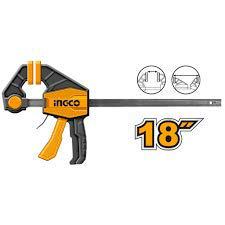 Ingco 18inch Quick Grip clamp Bar clamp for woodworking One-Handed Release F type Ratchet clamp wood working size 450 x 63 mm with Durable Nylon Handle & scratchproof rubber grip.