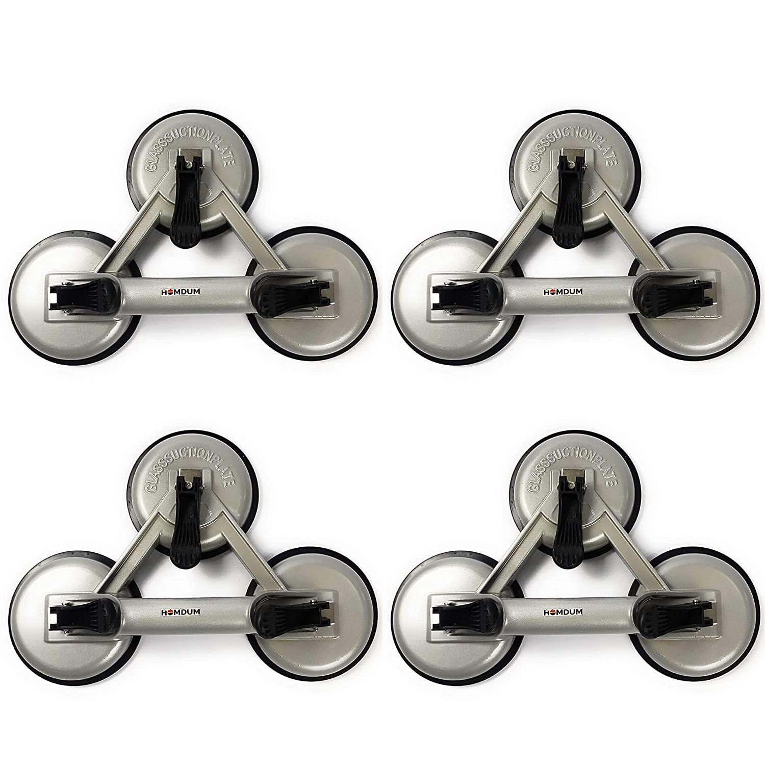 Homdum Aluminum 4.8” Lifting Suction Cup Plate Single/Three Handle Locking (3 claw) Sucker Flat Gripper for Lifting Mirror/Tiles/Granite slab, Glass Lifter.Pack of 4pc