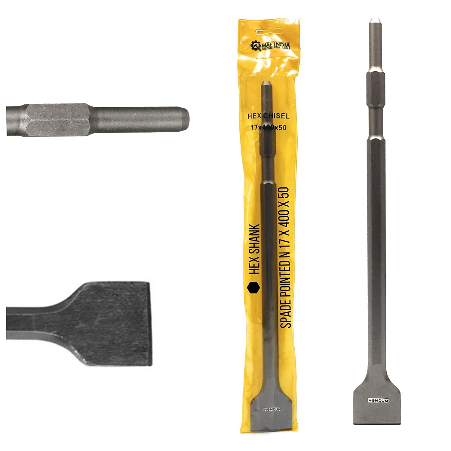 Homdum 17 x 400 x 50 Hex Shank Flat Spade Pointed Chisel for 5 kg Demolition Hammer Concrete Breaker Jack Hammer Tool bit for Tile Chipping/Wall Slotting/Scraping Masonry Brick. (17x400x50mm)