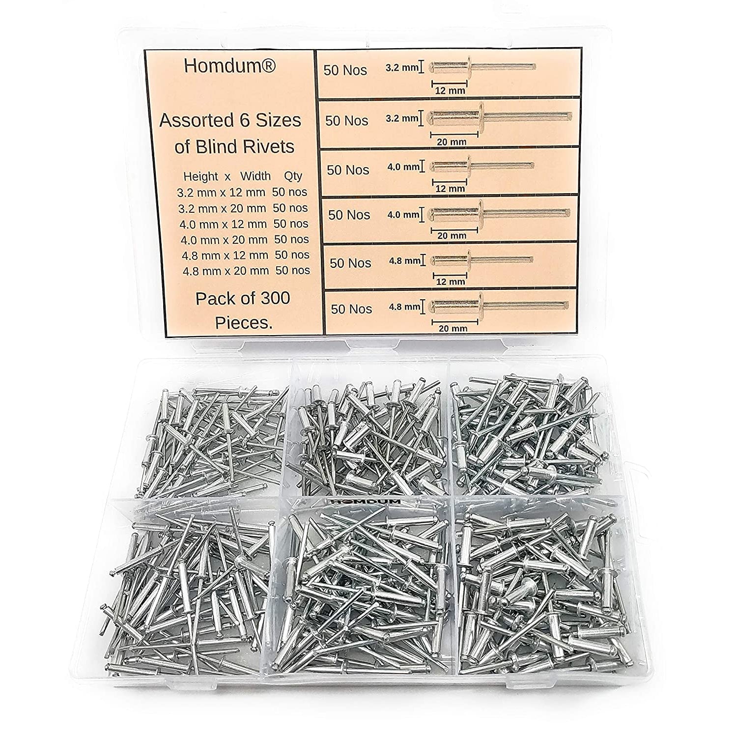 Homdum Aluminium Blind Rivet - Metal POP Rivets for Riveting Gun/Riveter Machine Assorted 6 Sizes Pack of 300 Pieces.