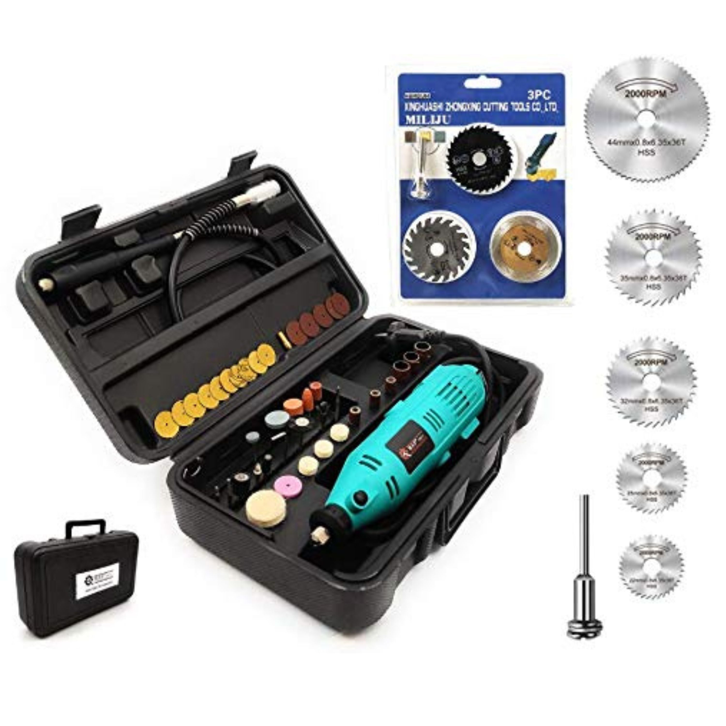 Homdum Multi functional 130W Maf Mini Rotary Die Grinder Tool Kit with 40 pcs grinding stones, sanding roll and diamond bits accessories + 6 Pcs Mini HSS Circular Saw Blade