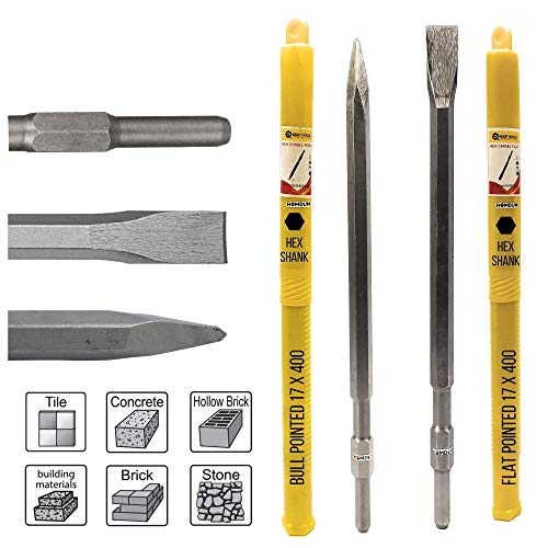 Homdum 17 x 400 Hex Shank Flat Bull Point Chisel 2pc Combo for 5 kg Demolition Hammer Drill Concrete Breaker Jack Hammer Tool bit for Tile Chipping/Wall Slotting (17X400MM)