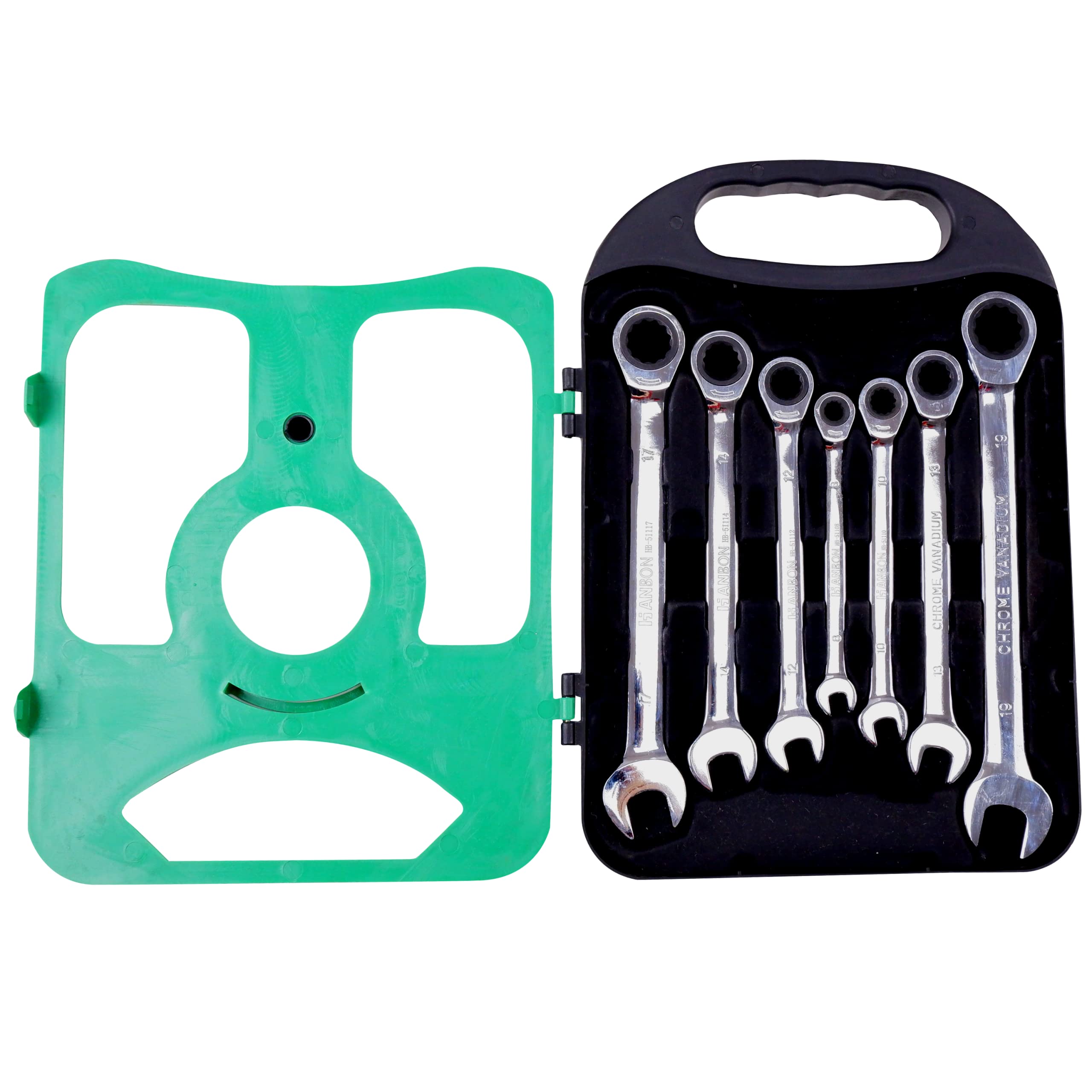 Homdum Dual Head Ratchet Wrench Reversible Hanbon Combination Spanner set of 7pcs(Green & Black)