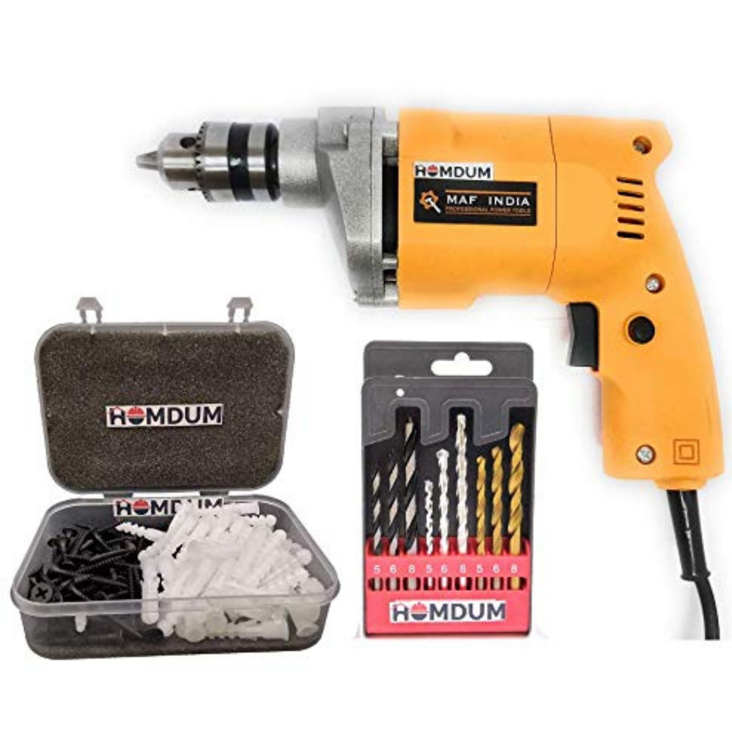 Homdum 10mm Drill Machine with 1” inch Plug & Screws and 3in1 9pc Drill Bit Set