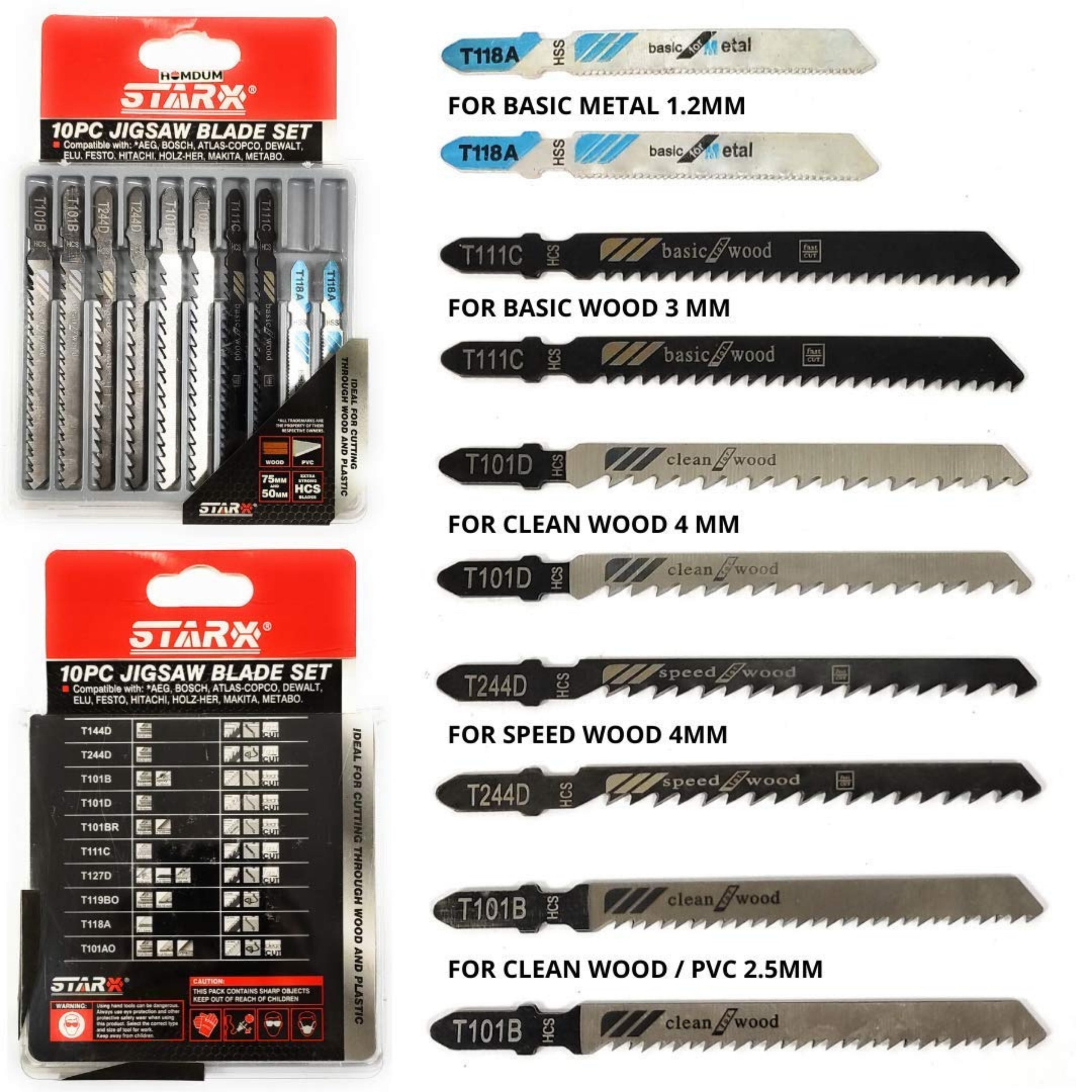 Homdum 10 pc Heavy Duty Jigsaw Blades Set For Metal/Wood cutting/Acrylic Cutter - Extra long t shank pendulum Blade with fast/Basic/Clean/Speed cutting Types.