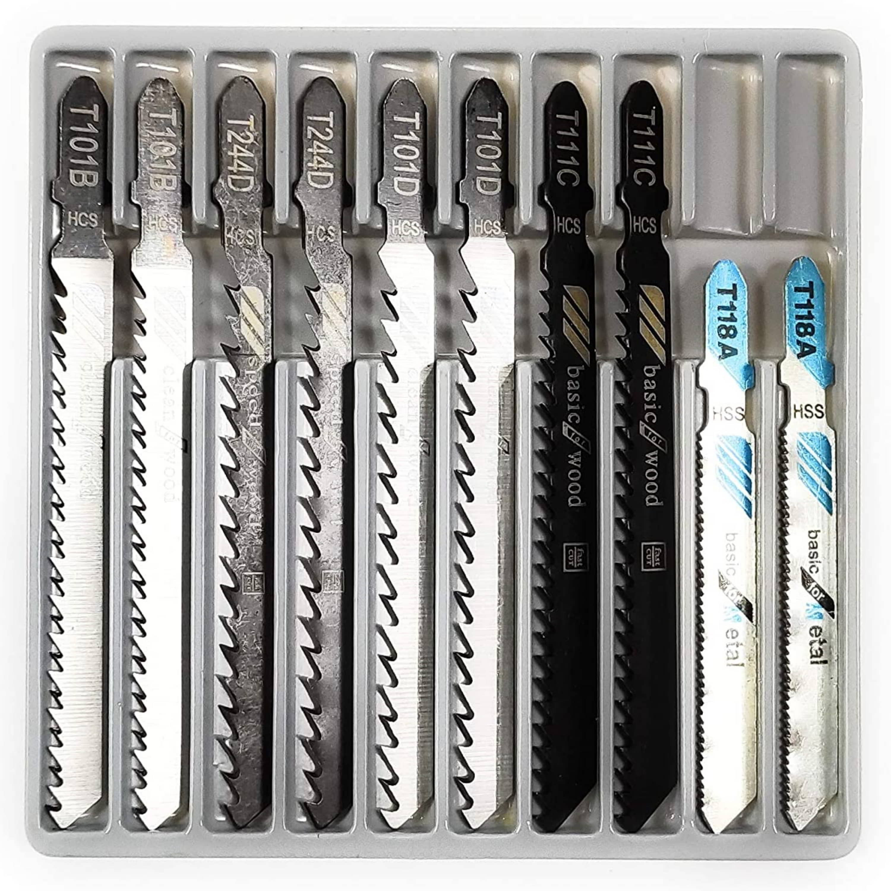 Homdum 10 pc Heavy Duty Jigsaw Blades Set For Metal/Wood cutting/Acrylic Cutter - Extra long t shank pendulum Blade with fast/Basic/Clean/Speed cutting Types.