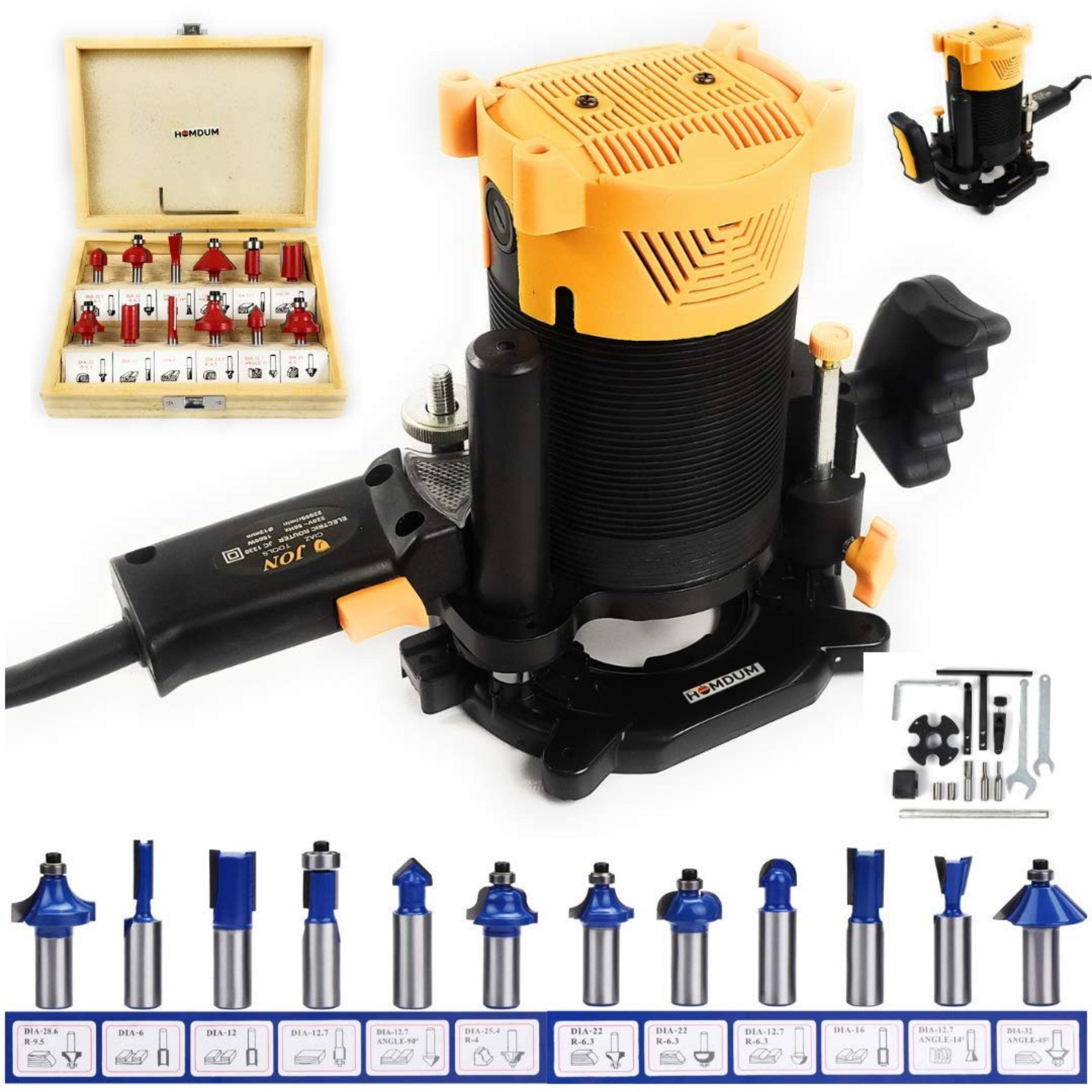 Homdum Wood Router Machine with 12 Pieces 8 mm Tungsten Carbide Tipped Bit Set Combo