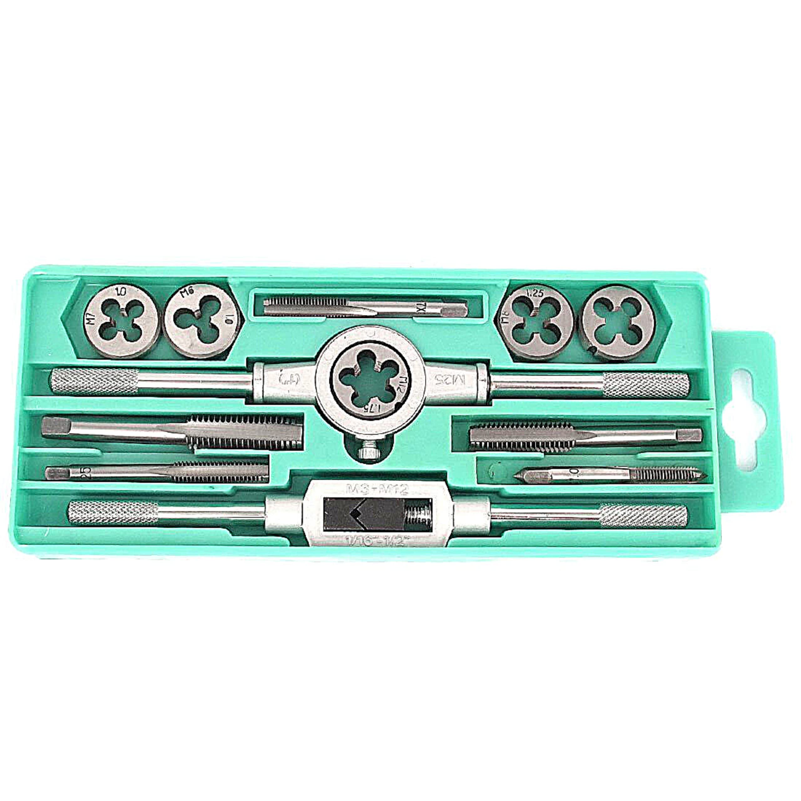 Homdum 12Pcs Tap and Die Set Metric Size M6 to M12 Tapping & Threading Tools with Adjustable Tap Wrench and Round Die Holder Threads on Bolts and Nuts Yellow/Green.