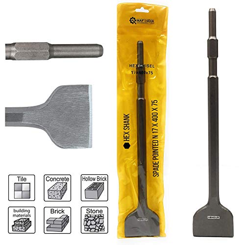 Homdum 17 x 400 x 75 Hex Shank Flat Spade Pointed Chisel for 5 kg Demolition Hammer Concrete Breaker Jack Hammer Tool bit for Tile Chipping/Wall Slotting/Scraping Masonry Brick. (17x400x75mm)