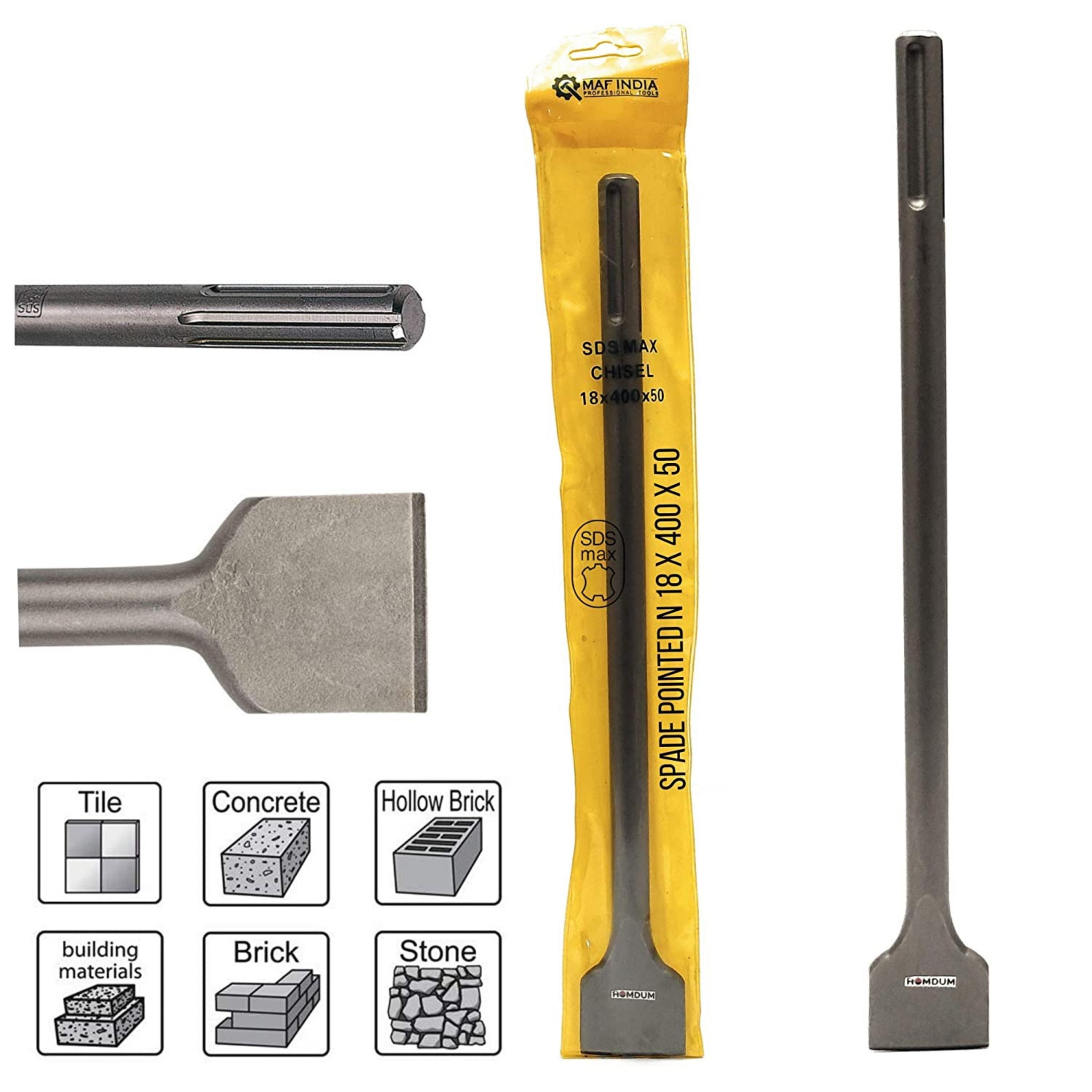 Homdum 18 x 400 x 50 SDS Max Shank Flat Spade Pointed Chisel