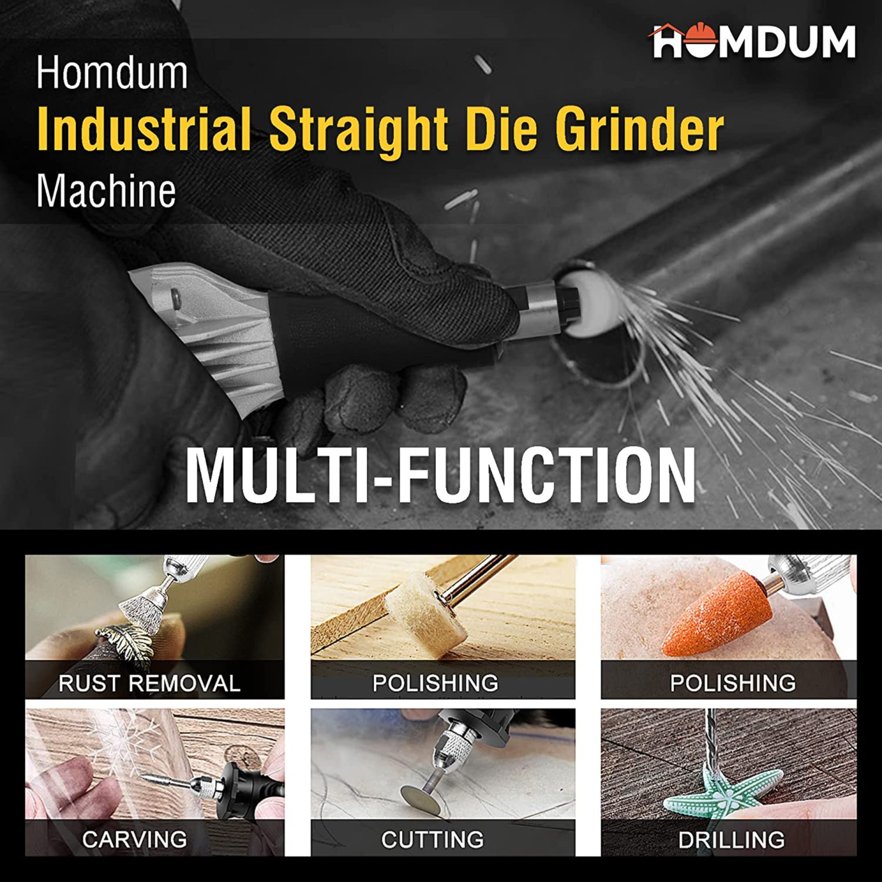 Homdum 400W Industrial straight Die Grinder machine INGCO metal grinding polisher rotary tool - 6mm Collet - 6 Variable speed 15000-26000 Rpm - 3 Pc Bistriques Mounted Abrasive Stones