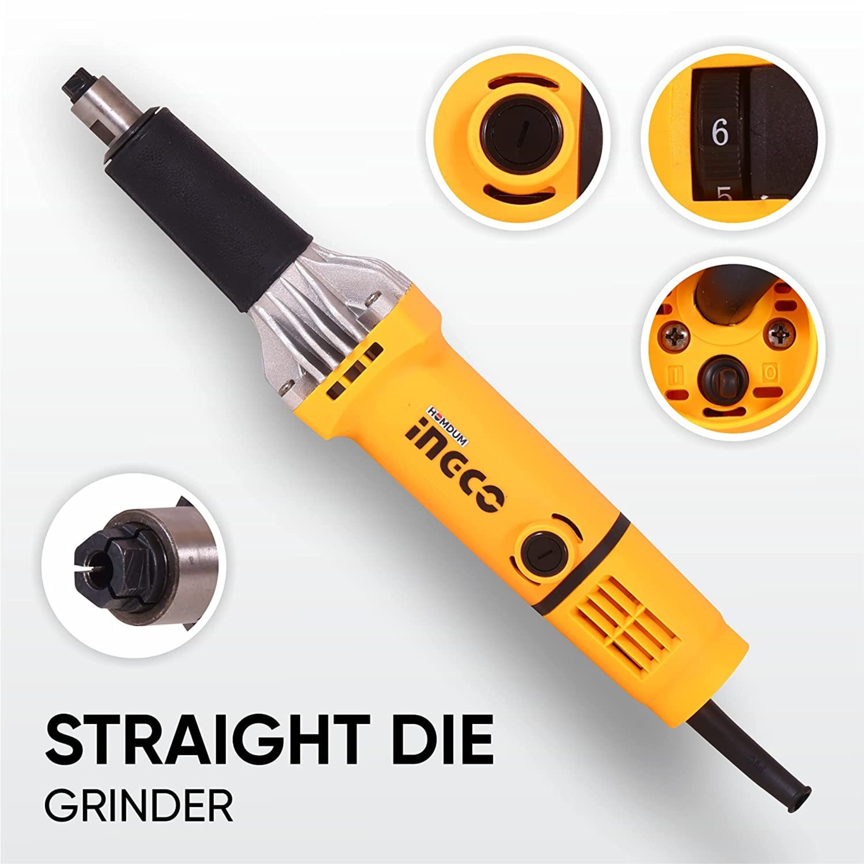 Homdum 400W Industrial straight Die Grinder machine INGCO metal grinding polisher rotary tool - 6mm Collet - 6 Variable speed 15000-26000 Rpm - 3 Pc Bistriques Mounted Abrasive Stones