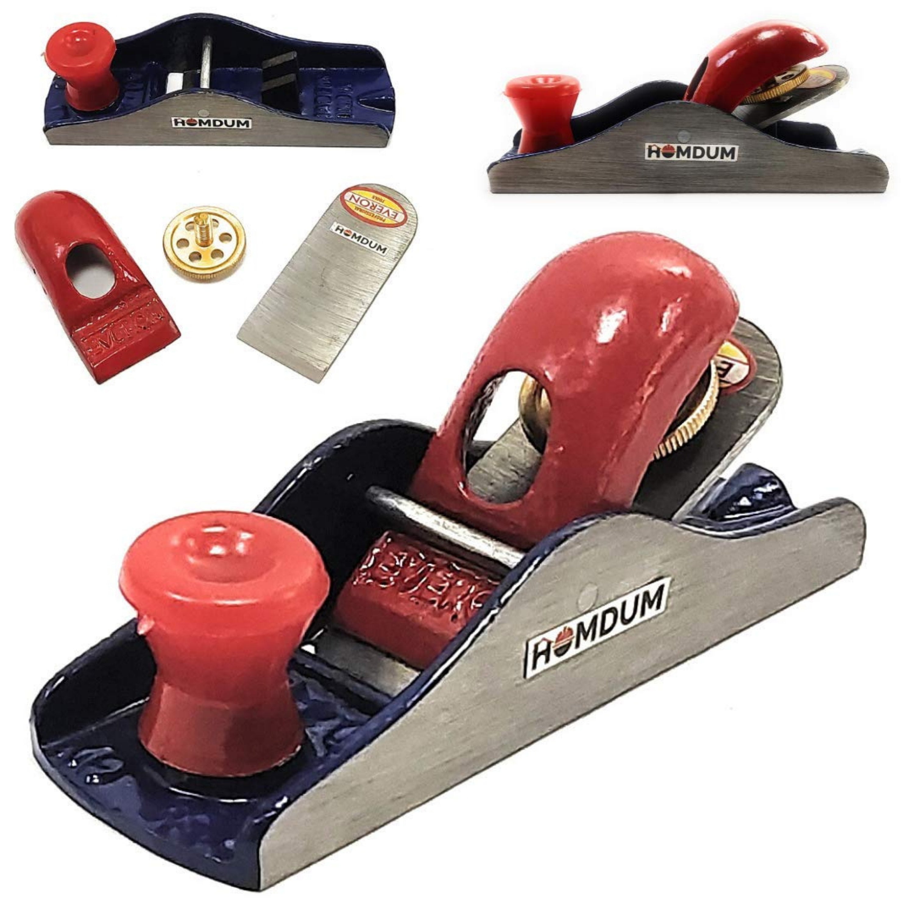 Homdum mini iron steel block plane | everon heavy duty carpenter wood tool with sharp planer blade attachment red (7 inch)