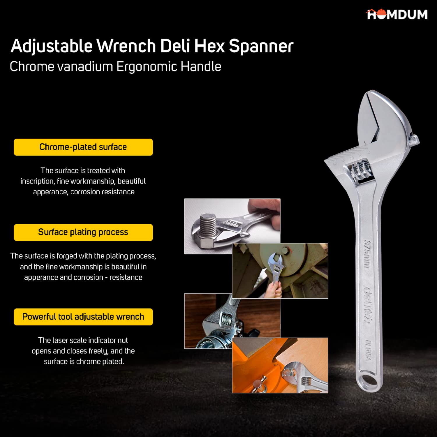 Homdum 8 inch Adjustable Wrench Deli Hex Spanner Chrome vanadium Ergonomic Handle size 200 mm