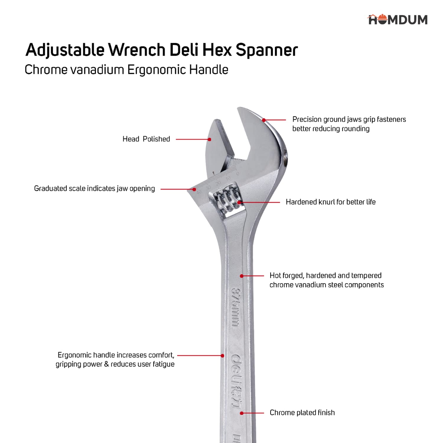 Homdum 8 inch Adjustable Wrench Deli Hex Spanner Chrome vanadium Ergonomic Handle size 200 mm