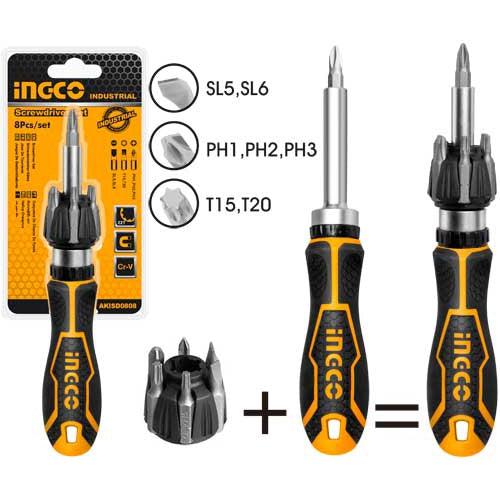 Homdum INGCO 8pc Ratchet Screwdriver Set - Screwdriver Accessories with Anti-Slip Handle - Chrome Vanadium Steel bits - Multiple bit Sizes - 8 Pieces bits