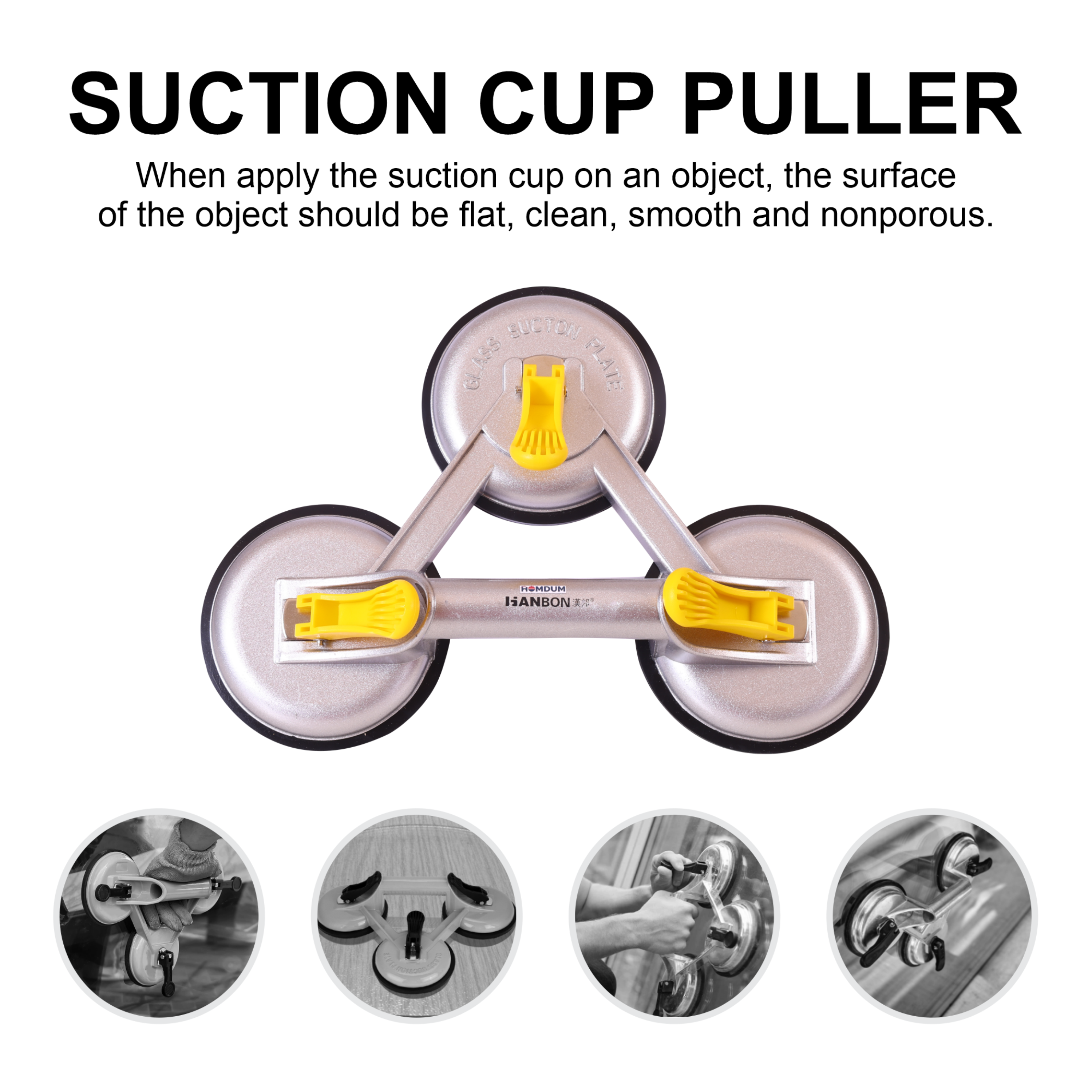 Homdum Aluminum Lifting Triple Suction Cup 4.8inch Hanbon Plate Three Handle Locking 3 claw Sucker Flat Gripper for Lifting Mirror Tiles Granite slab Heavy Duty Glass Lifter.