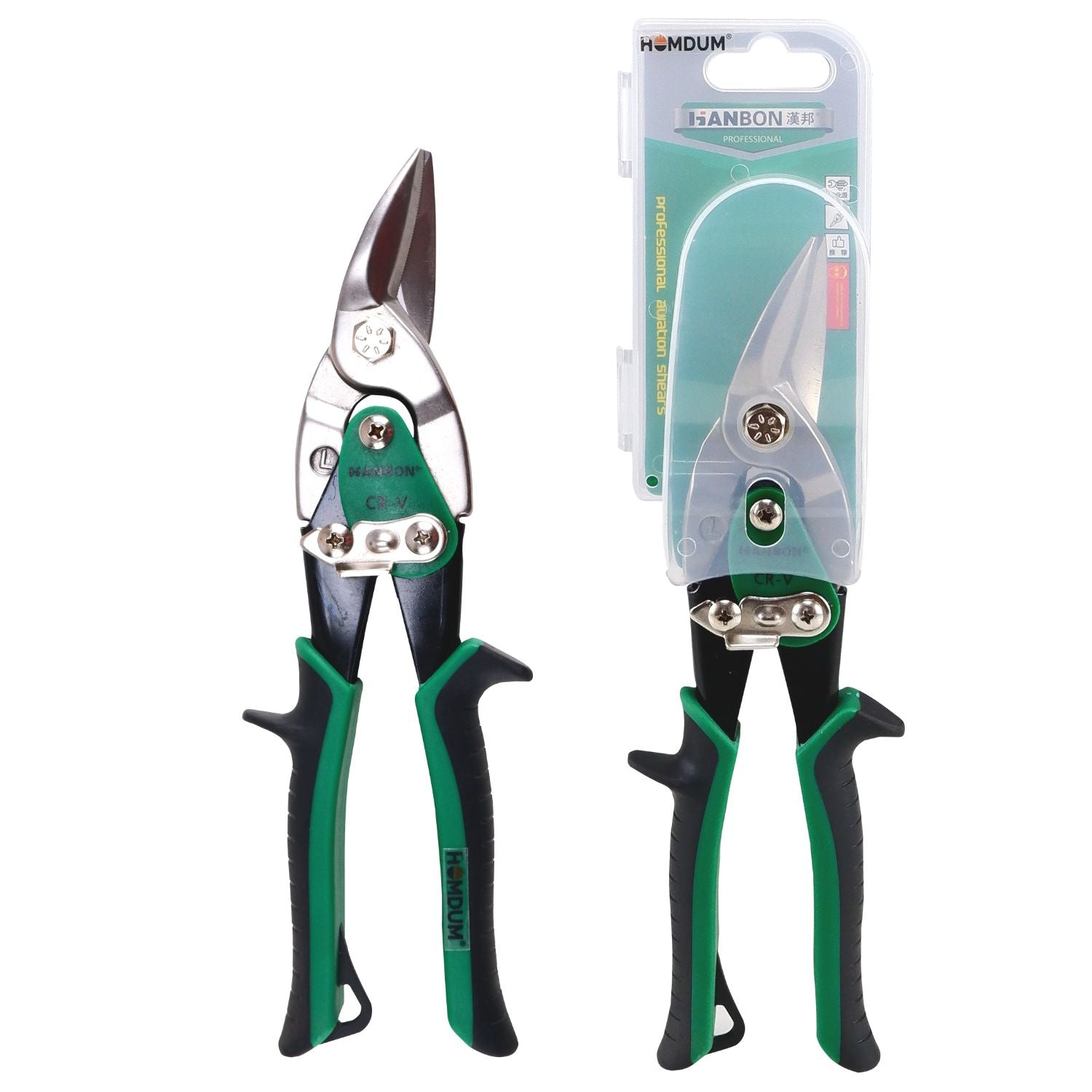 Homdum 10inch Aviation Snip Right Cut Tin Cutter Hanbon Anti-Slip Sawtooth Design Blade Scissor Heavy Duty Metal Sheet Cutting Snippers Hand Steel Shears with Spring 250MM Black+Green