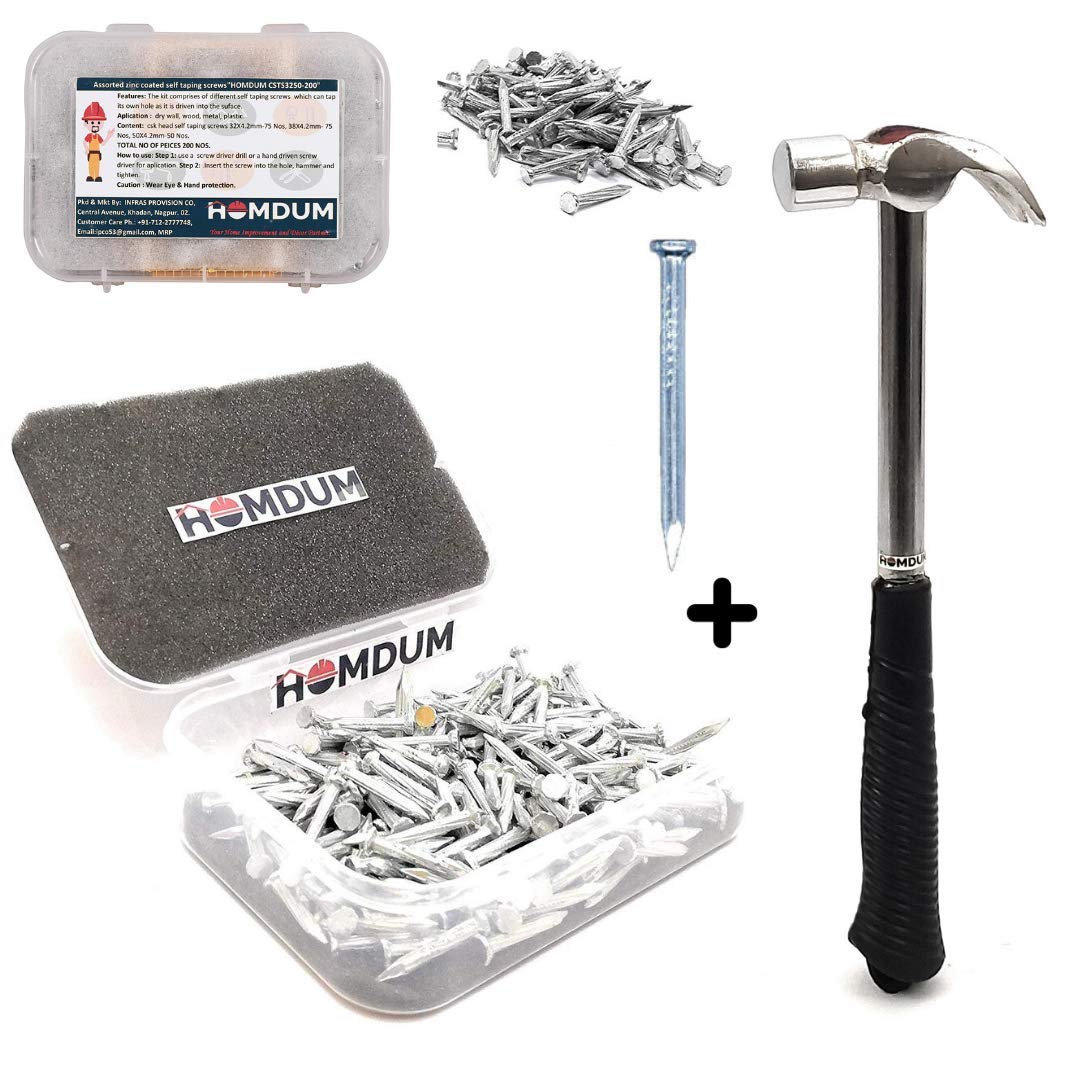 Homdum Claw Hammer 1/2 Lb and Concrete Nails 2 inch (50 mm) Combo, 200g Drop Forged Head Hammer with Soft Grip Tubular Steel Handle 1 nos & Hard Steel Nails 75 Pcs Pack.