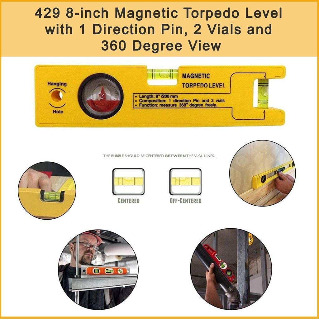 Homdum 8-inch Magnetic Torpedo Level with 1 Direction Pin, 2 Vials and 360 Degree View