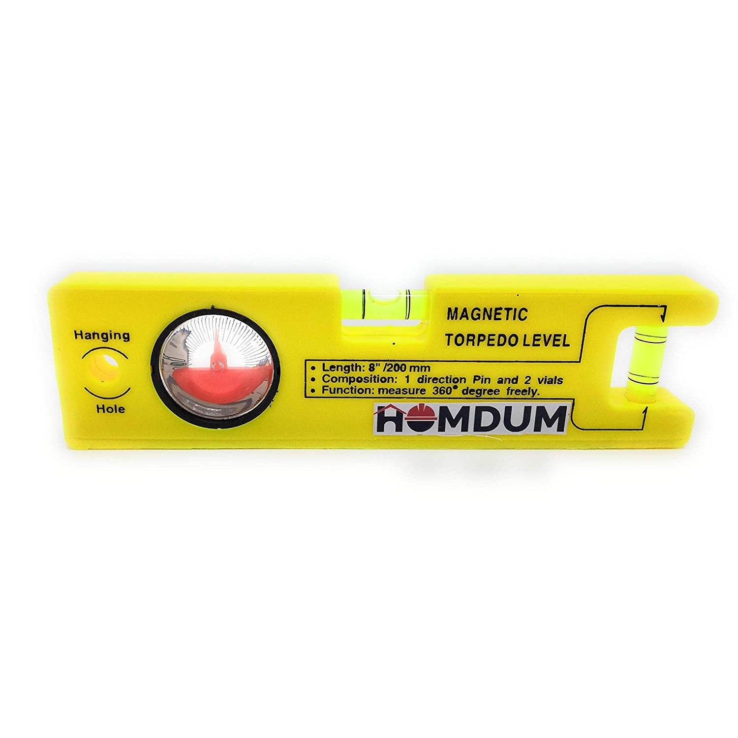 Homdum 8-inch Magnetic Torpedo Level with 1 Direction Pin, 2 Vials and 360 Degree View