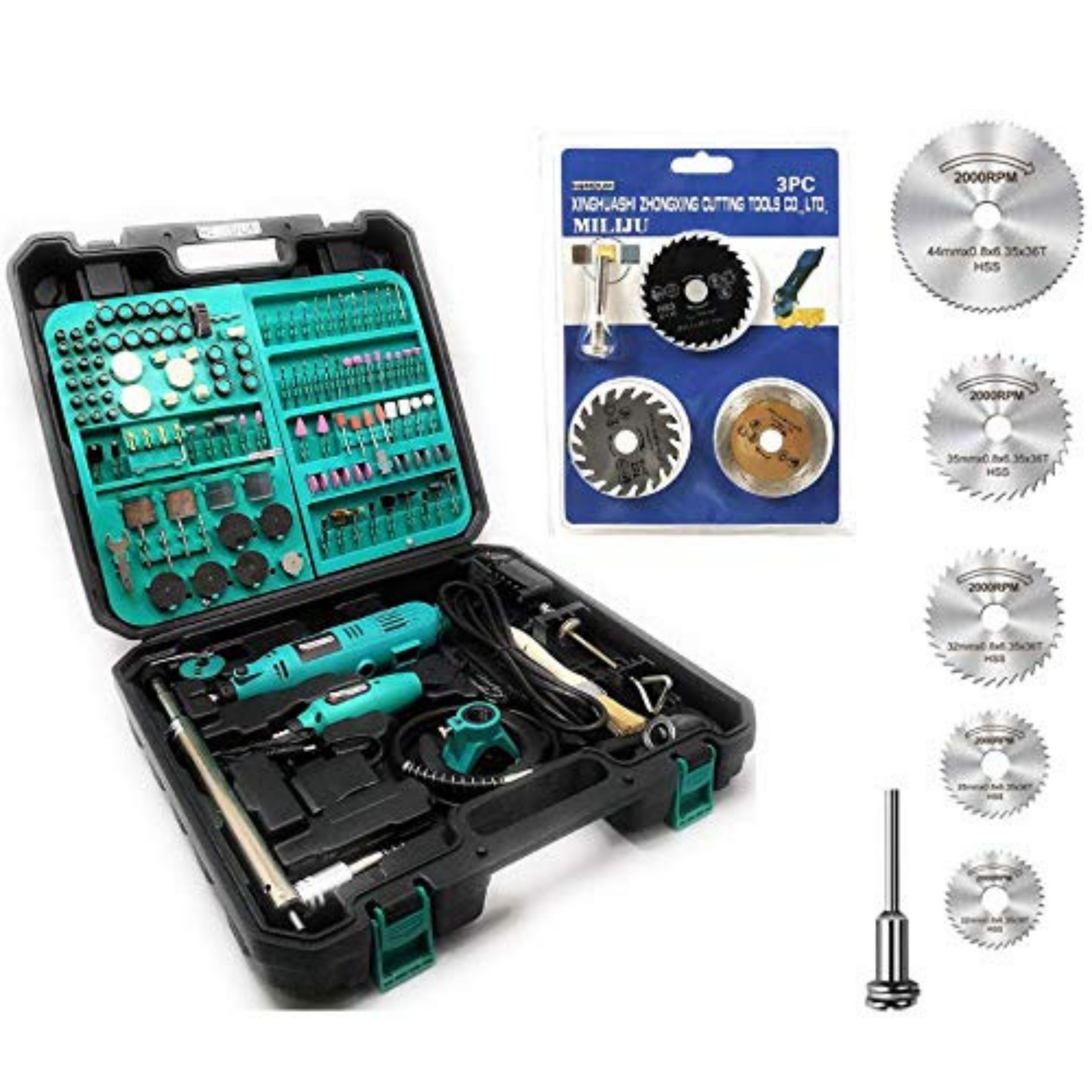 Homdum Mini Rotary Die Grinder combo - 350 Modes combo kit - 175 Pc of Accessories + 2 Die Grinders + 6 Pcs Mini HSS Circular Saw Blade + 3 PCs Mini Multi Circular Saw Blade