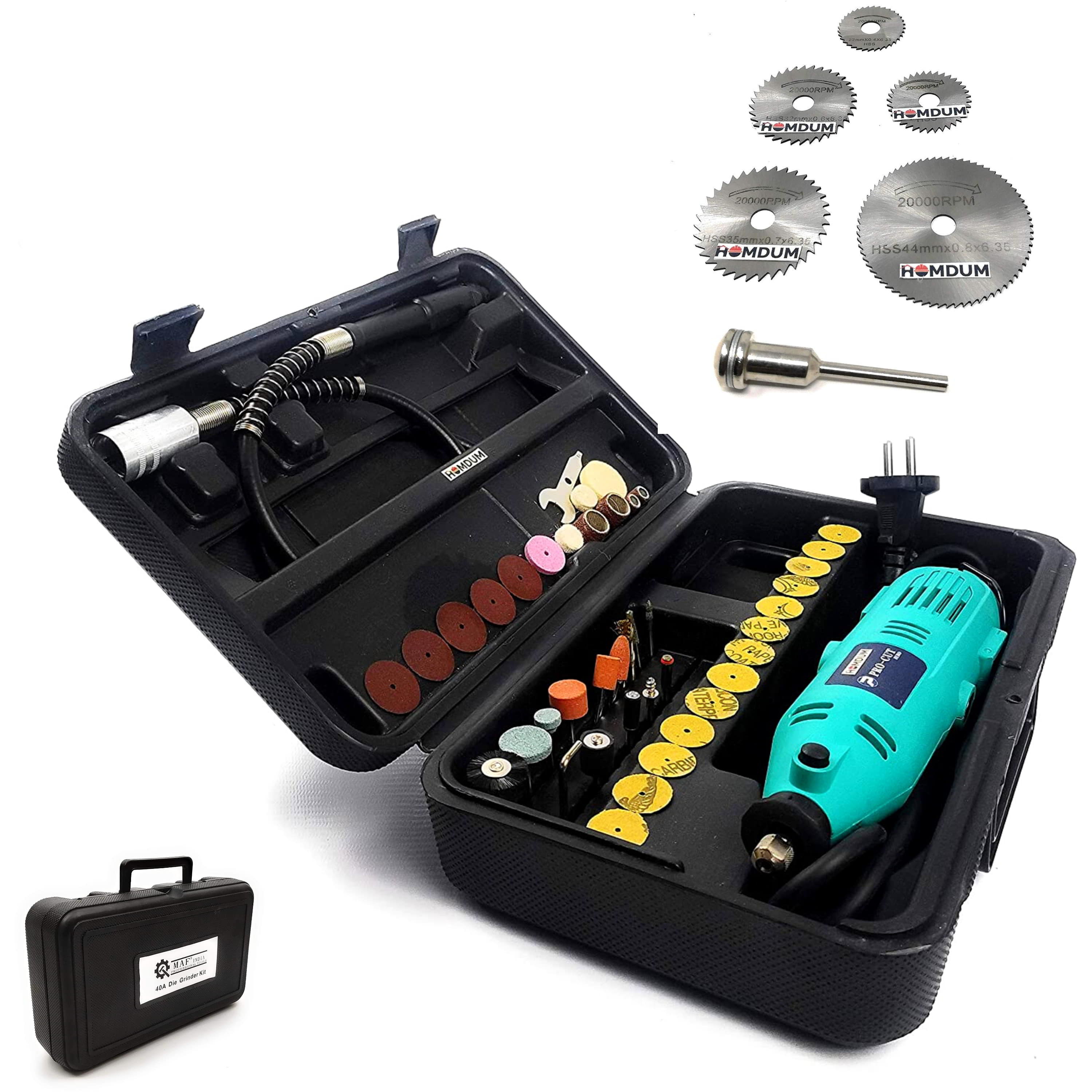 Homdum Multi functional 130W Maf Mini Rotary Die Grinder Tool Kit with 40 pcs grinding stones, sanding roll and diamond bits accessories + 6 Pcs Mini HSS Circular Saw Blade