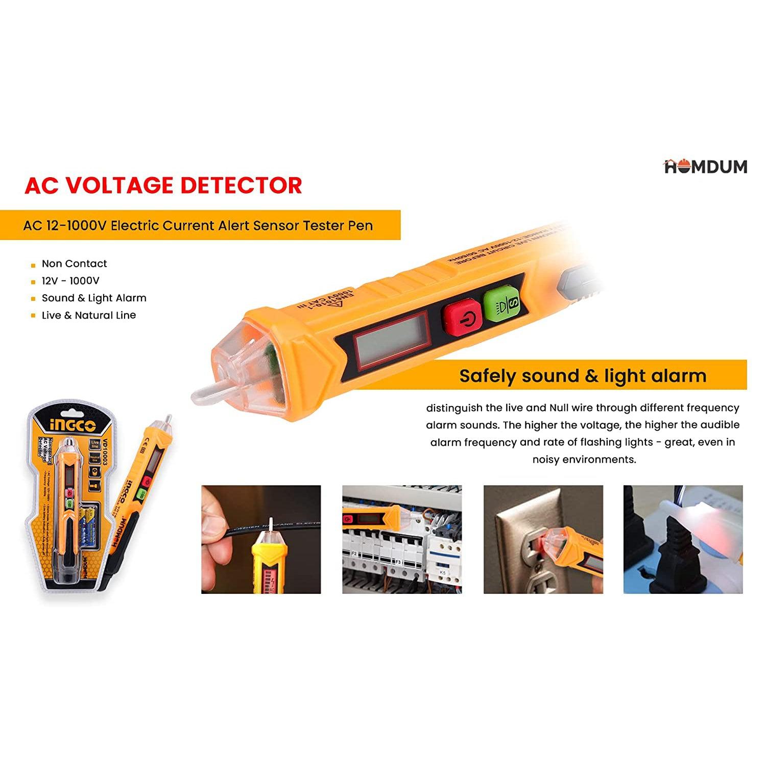 Homdum Non Contact AC Voltage Power Detector INGCO AC 12-1000V Electric Current Alert Sensor Tester Pen with LED Light and Sound Alarm mode compact pocket battery Live Line neutral line Multimeter